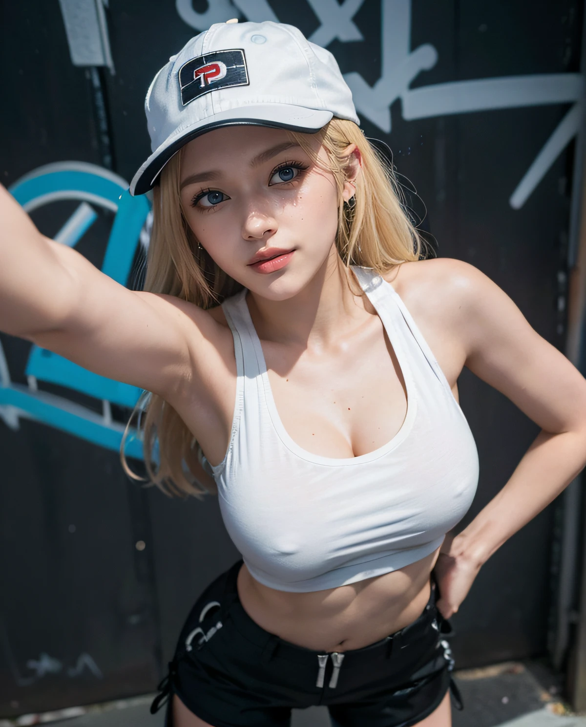 1girl, Blue eyes, (smiling), (close-up at face :1.3), (Sana Minatozaki), wide hips, Big Boobs, big ass, (Best Quality, 8k, Masterpiece: 1.3), perfect hands, Clear Focus: 1.2, Perfect Body Beauty: 1.4 , Slender Abs: 1.2, Highly detailed face and skin texture, detailed eyes, double eyelids, (blonde long hair), (white tanktop), (black cargo pants), (combat boots), (black sport cap), standing, taking selfie, In an alley lit by neon lights, graffiti on the wall, deep on field