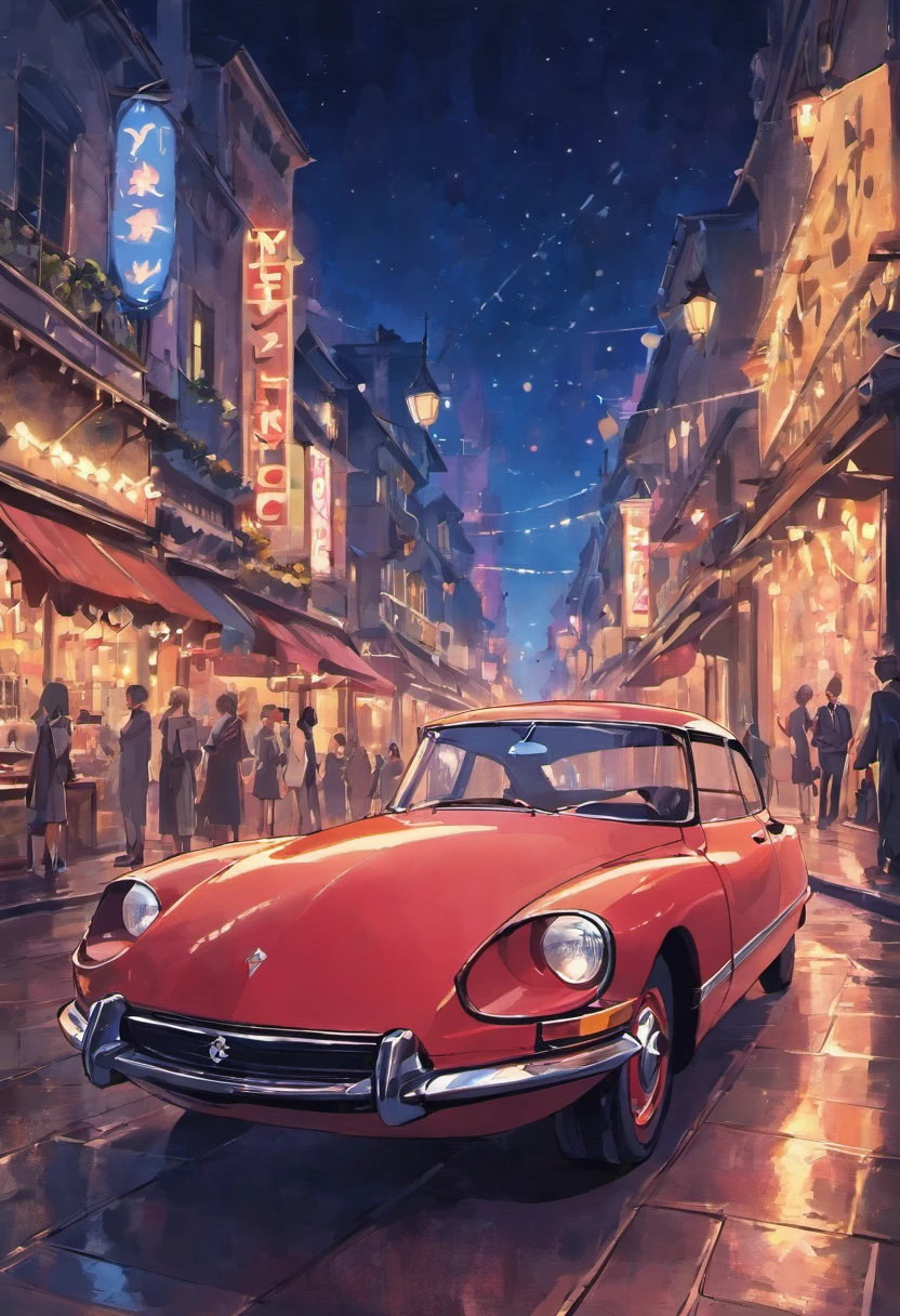 Citroën DS Car, 1970 parked in front of nightclub outdoor night