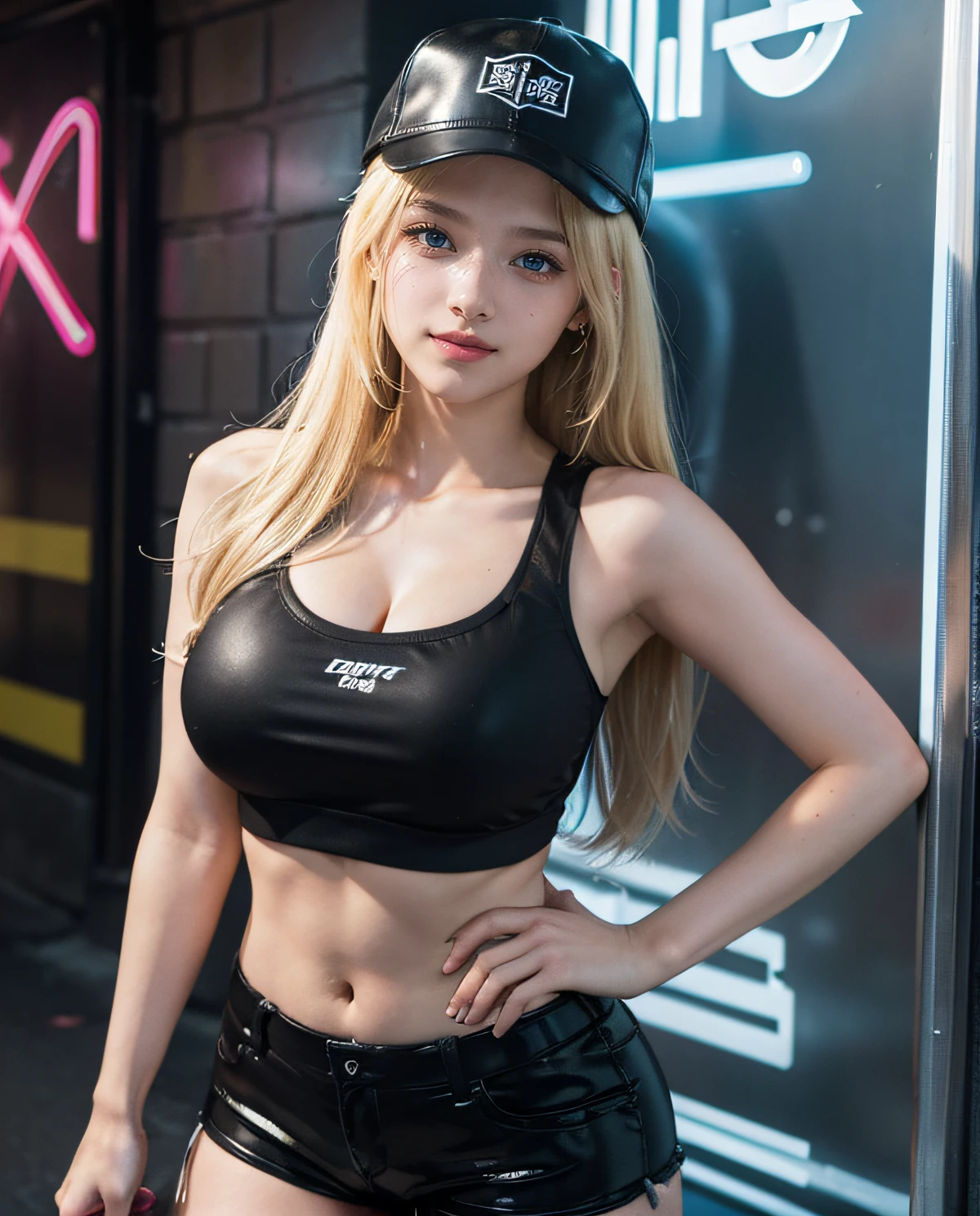 1girl, (Blue Eyes), (smiling :1.2), (Sana Minatozaki), wide hips, Big tits, big ass, toned legs, shiny body, (Best Quality, 8k, Masterpiece: 1.3), Clear Focus: 1.2, Perfect Body Beauty: 1.4, strong abs, Highly detailed face and skin texture, detailed eyes, double eyelids, (blond long straight hair :1.2), (black sportswear :1.3), standing, dynamic pose, in a room with wooden floors, exercise machines in the background