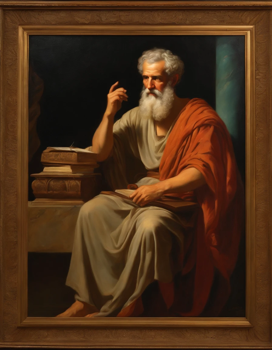 Aristotle, look of wisdom in the year 320 BC: realistic epic, soft cinematographic portrait, Adobe Lightroom, photography laboratory, muy detallado, despondent, (colores neutros: 1.2), (HDR: 1.4), (colores suaves: 1.2) ), hiperdetallado, (art station:1.4), cinematographic, warm lights, dramatic light, (Detalles intrincados:1.1), fondo complejo, (rutkowski:0.66), (azul y naranja:0.4)