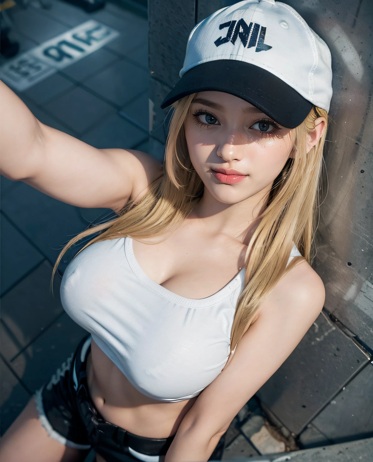 1girl, Blue eyes, (smiling), (close-up at face :1.3), (Sana Minatozaki), wide hips, Big Boobs, big ass, (Best Quality, 8k, Masterpiece: 1.3), perfect hands, Clear Focus: 1.2, Perfect Body Beauty: 1.4 , Slender Abs: 1.2, Highly detailed face and skin texture, detailed eyes, double eyelids, (blonde long hair), (white tanktop), (black cargo pants), (combat boots), (black sport cap), standing, taking selfie, in a skate park, graffiti on the wall, deep on field