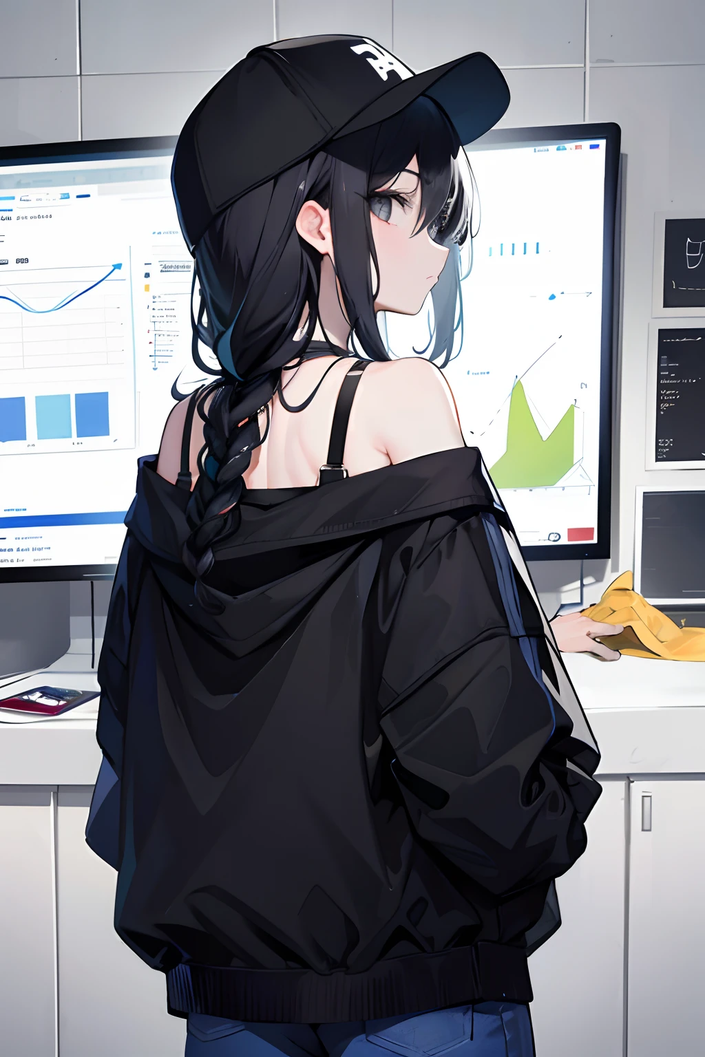 1girll,Back shadow,Sweatshirt,An off-the-shoulder garment,baseball cap,Alchemy Laboratory,the mystery of unknown territories,Put your hands in your pockets,Black hair,Shoulder-length hair,Black eyes,Game scene graph