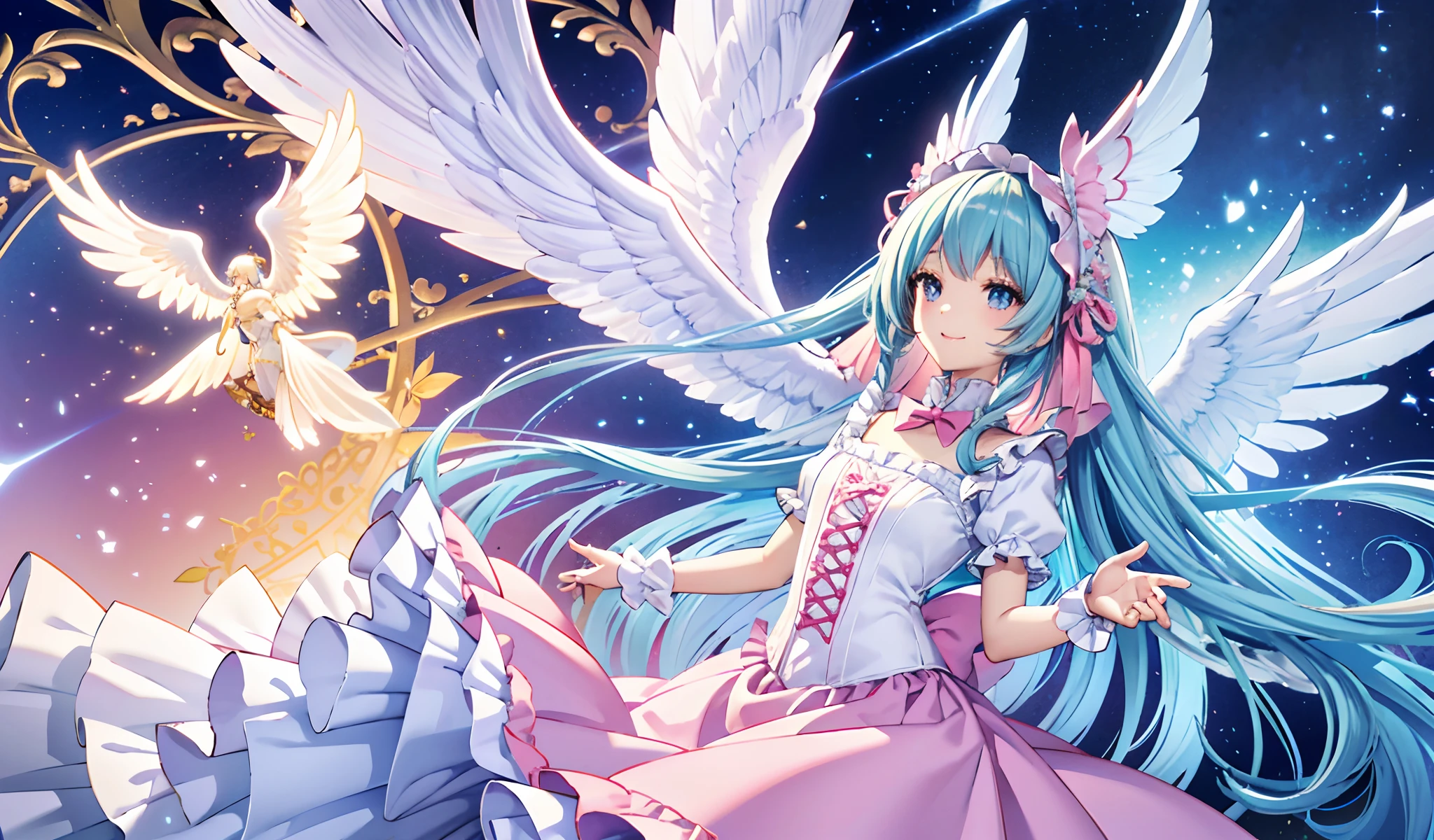 Big big wings of angels shining in seven colors、Kawaii Girl、adorable smiling、Light blue long hair、Twin-tailed、Colorful angel costume in white and pink ta style with lots of frills、((top-quality))、((masterpiece))、(ighly detailed、highestdetailed、Official art、Beautifully Aesthetic:1.2)