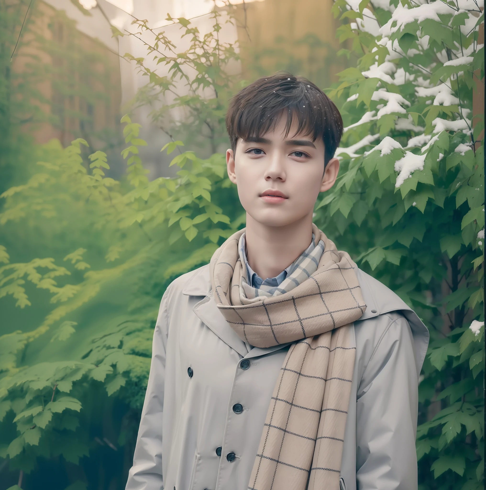 best quality, masterpiece, (photorealistic:1.4), 1boy, solo, short hair, big eyes, brown coat,scarf,  ((upper body:1.3)), dramatic lighting, looking at viewer, standing, outdoors, snow, cityscape, streets, buildings,