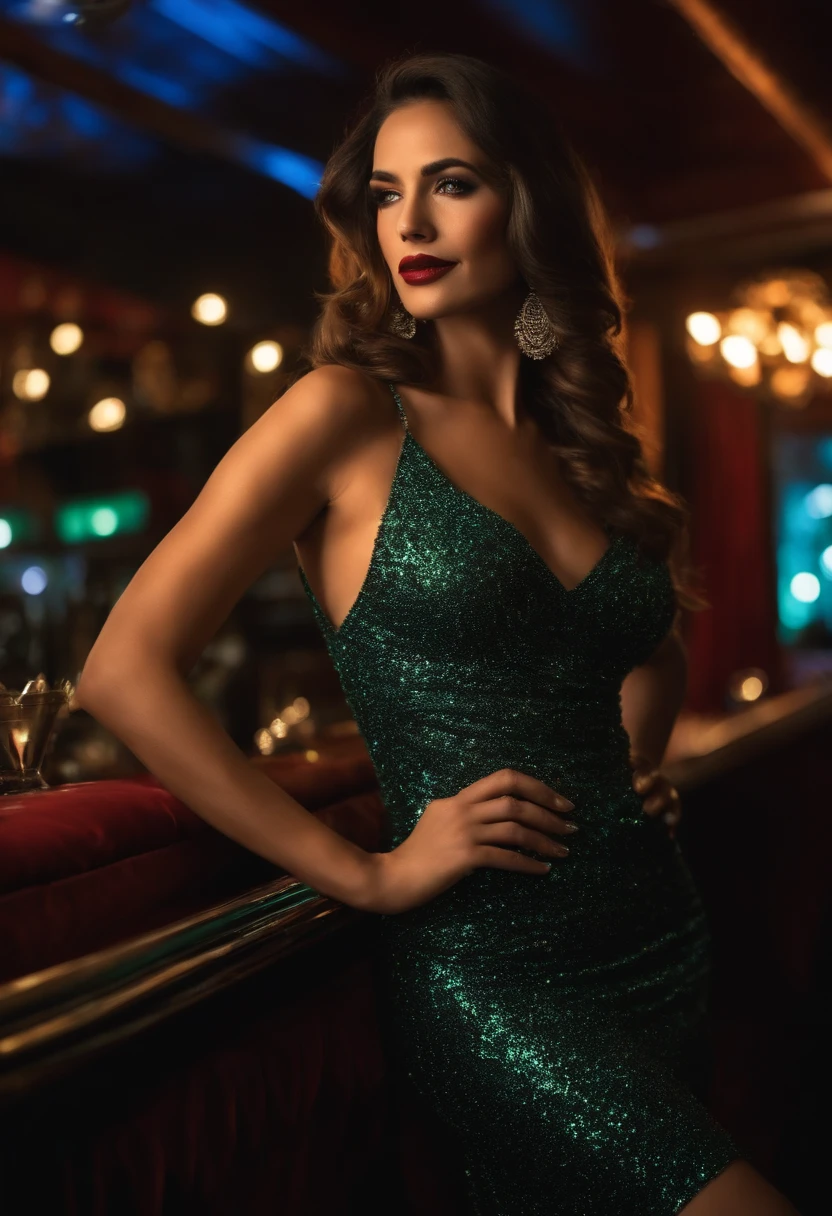 mujer mirando al camara en un club con un vestido de noche sexy  que se note en si risa que la esta pansando bien.