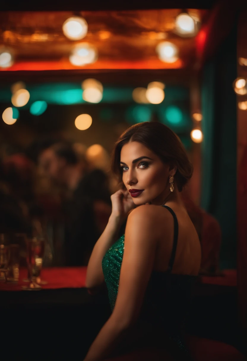 mujer mirando al camara en un club con un vestido de noche sexy  que se note en si risa que la esta pansando bien.