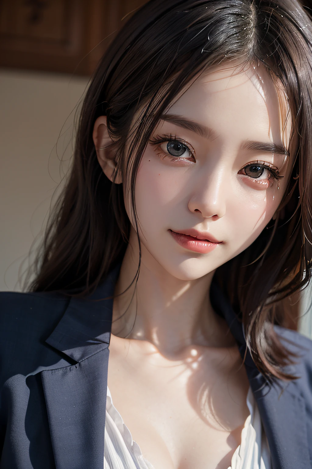 Photo Uniform Pose(Dark blue blazer、White dress shirts、Charcoal Grape Pleated Skirt)Close up portrait of woman wearing it, Beautiful midlift with black hair、Beautiful Asian Girl, Korean Girl, girl cute-fine face, beautiful Korean women, Gorgeous young Korean woman, sakimichan, Beautiful young Korean woman, The face of a beautiful girl in Japan, yangjun chen, Cute delicate face, Gorgeous Chinese models, Beautiful detailed body and face、absurderes、(A slight smil:0.4)、