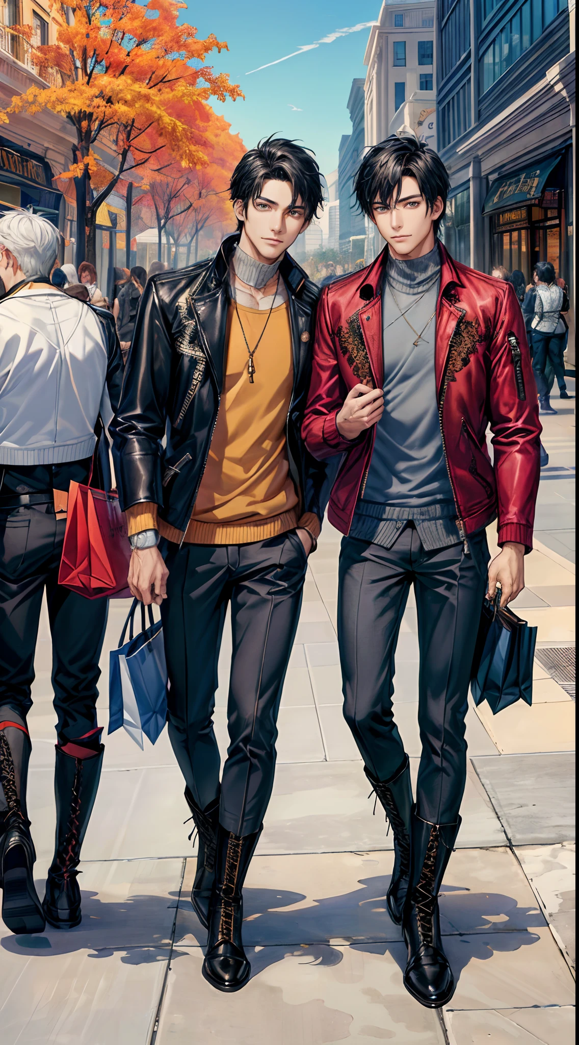 ((Masterpiece, hiquality, absurdress), 1male, black hair, Short hair, straight, gray eyes, a perfect face, the perfect body, sports body, male focus , Male body, 独奏, Detailed eyes and face, mall, Lots of clothing and lingerie stores, Showcases with goods, (lace-up boots), (pants), (sweater), (designer jacket), Visit the Mall, Take a look at the clothing displays, Copy, bright colours, autumn, Colorful Things