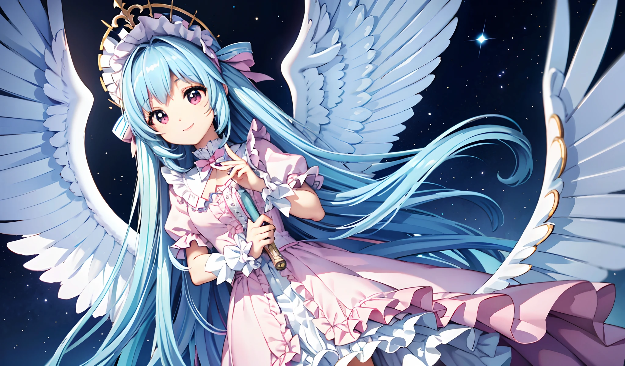 Big big wings of angels shining in seven colors、Kawaii Girl、adorable smiling、Light blue long hair、Twin-tailed、Colorful angel costume in white and pink Lolita style with lots of frills、((top-quality))、((masterpiece))、(ighly detailed、highestdetailed、Official art、Beautifully Aesthetic:1.2)