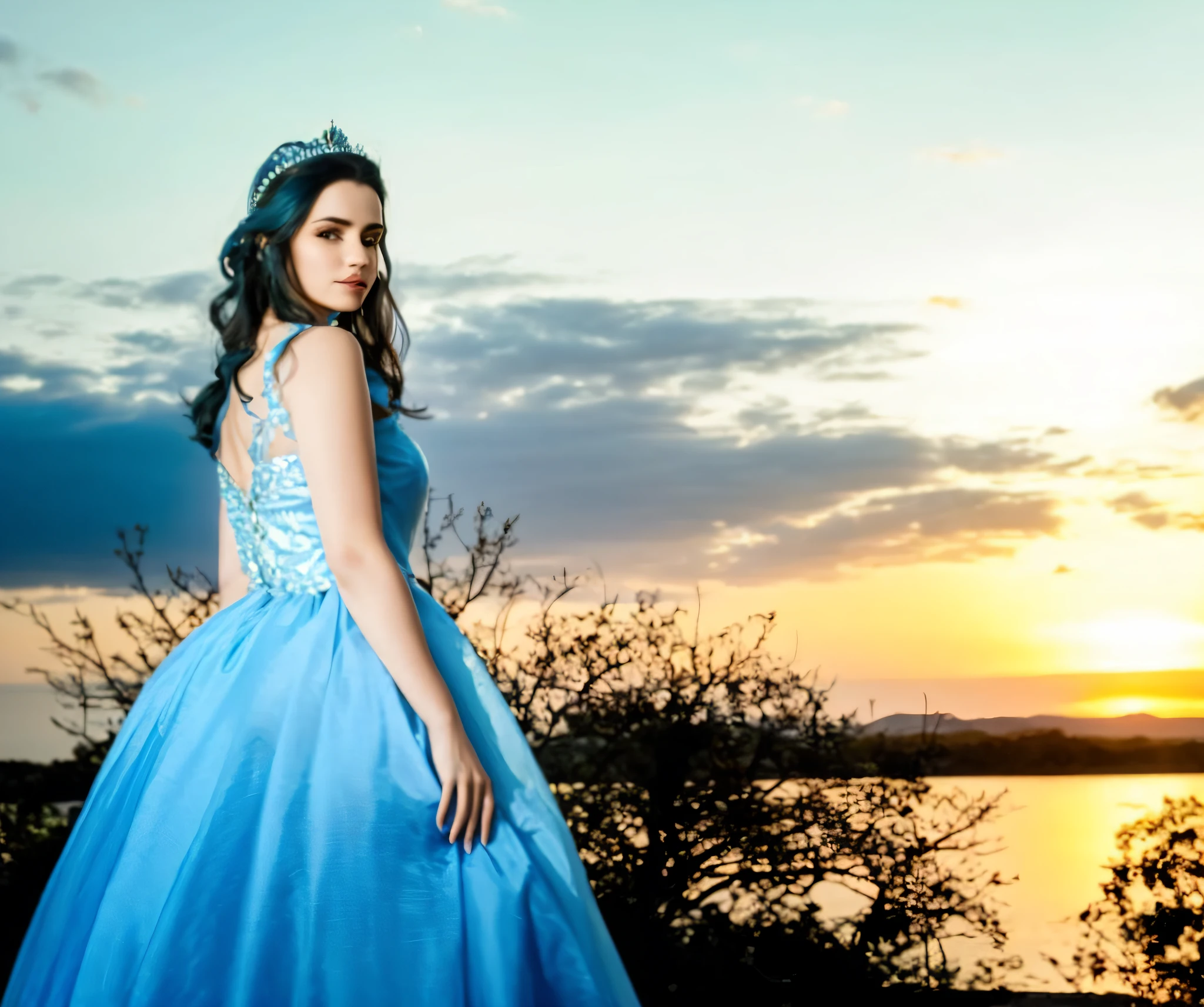 um close up de uma mulher com um vestido azul parado perto de um lago, retrato do vestido azul claro, wearing a magnificent dress, princesa bonita, photoshoot real rainha dos oceanos, vestido de azul, wearing a plastic blue dress, rainha bonita, Foto de perfil, Tiro na Hora de Ouro, sky - blue dress, award winning photo shoot, Por Reyna Rochin, with sunset