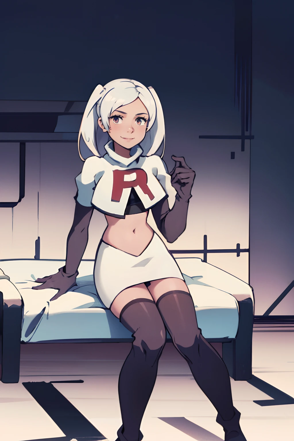 robin fe, rocket,team rocket uniform, red letter R, white skirt,white crop top,black thigh-highs,black elbow gloves, white hair, confident smile, sitting down, leg over the other