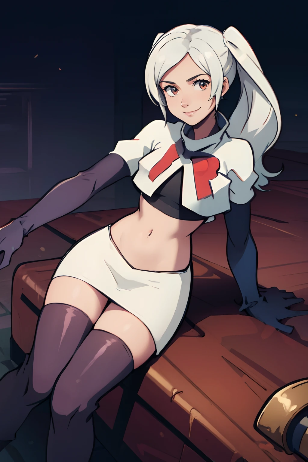 robin fe, rocket,team rocket uniform, red letter R, white skirt,white crop top,black thigh-highs,black elbow gloves, white hair, confident smile, sitting down, leg over the other