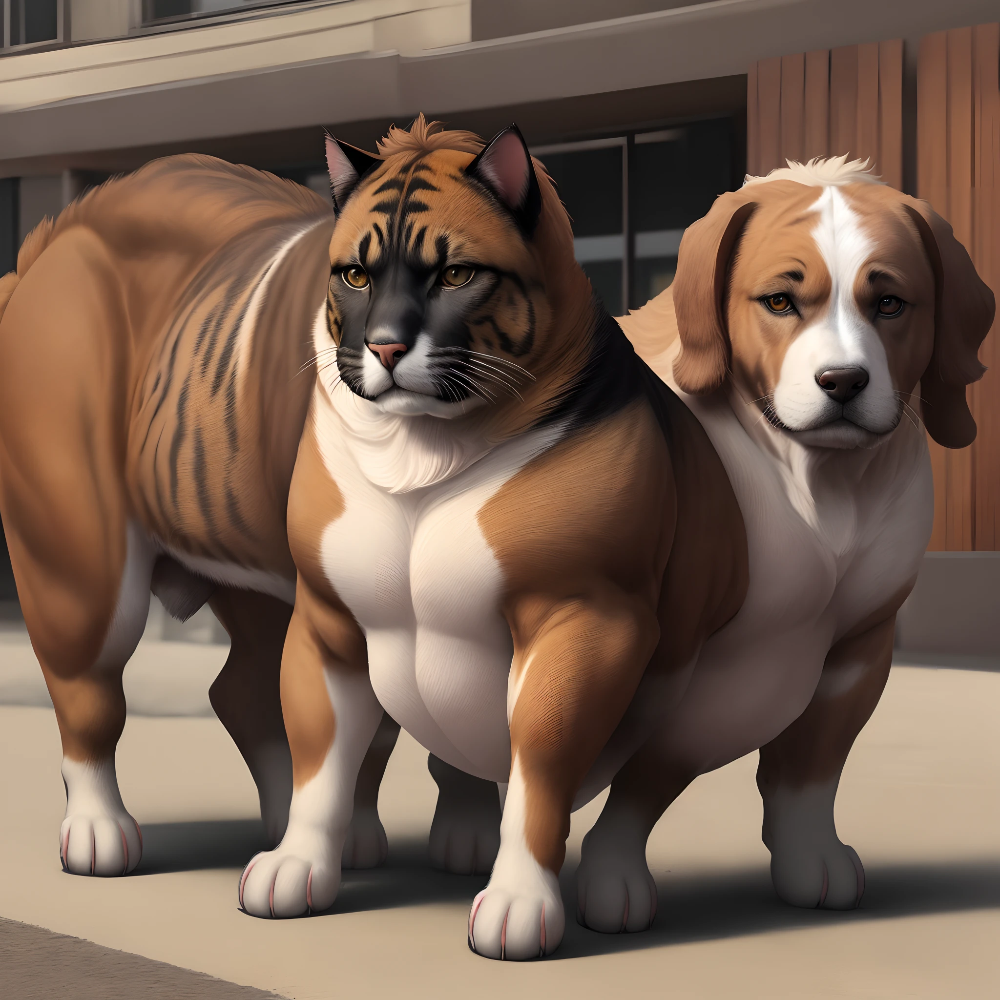 duo,male, anthro tiger head,detailed oral sex, naked,huge dick,balcony,detailed scene, detailed full body, detailed dick, visible dick cum line, body hair, sexy pose,cum load,on his knees,