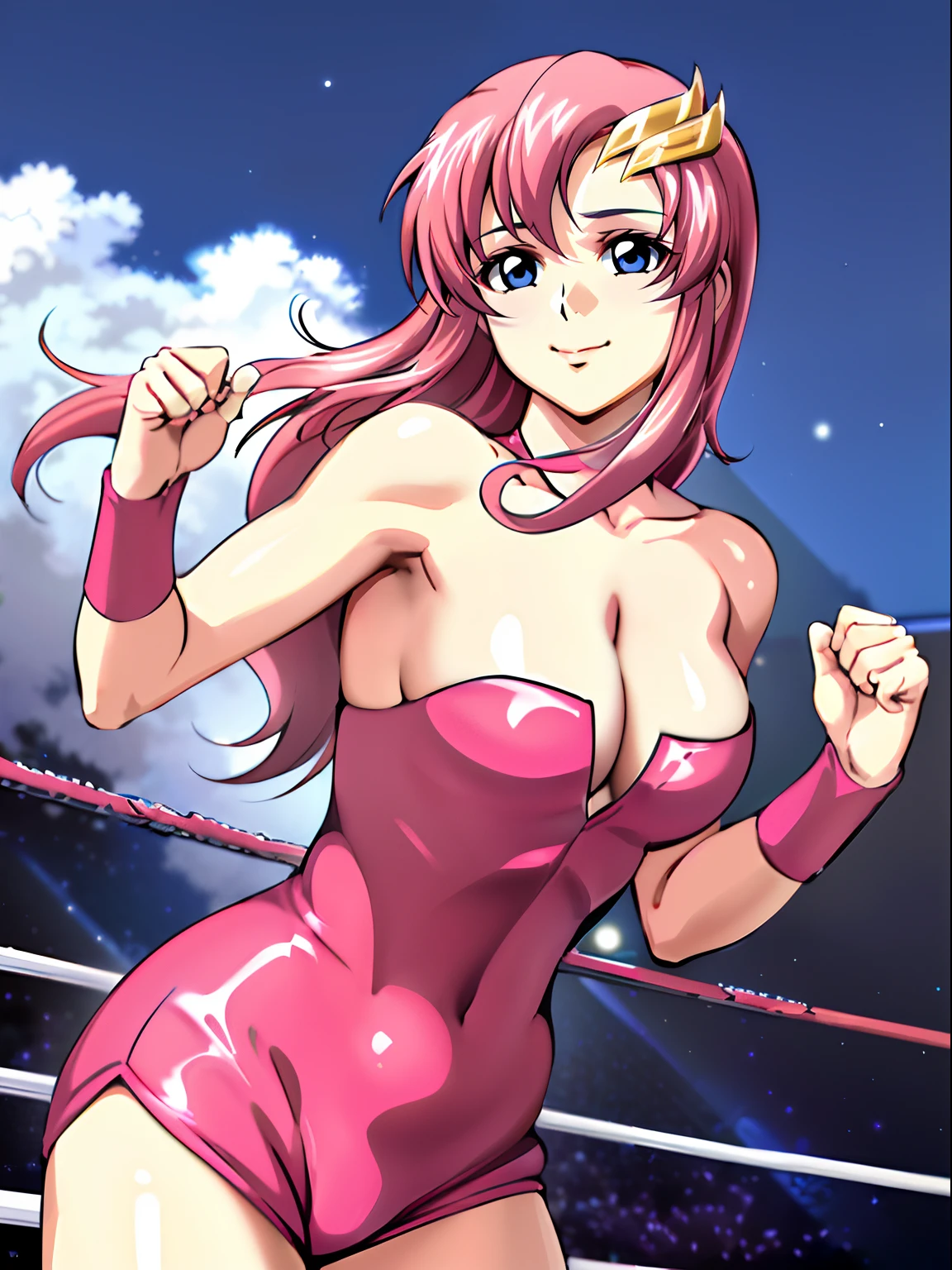 (((pink strapless wrestling outfit))), (masterpiece, , 4K, Best Quality, Anime style: 1.9,, Adult Woman, ultra detailed face, (cloud background, wrestling), Drawing lines, high resolution, Anime, lacus4), 1girl, Solo, curvy figure, Long hair, 鎖骨, scapular, (Detailed wide hair bangs, Hair Ornament, Detailed reddish-pink hair, golden crest), cleavage, large hands, (pro female wrestler). (Big blue eyes, shiny eyes), ((female wrestler, little biceps, slender body, broad shoulders, closed fists, closed mouth)), ((perfect proportions, medium breasts, cleavage, long belly)), (((pink wrestling outfit))),( looking at the viewer, happy),