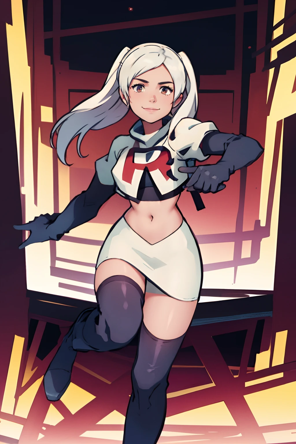 robin fe, rocket,team rocket uniform, red letter R, white skirt,white crop top,black thigh-highs,black elbow gloves, white hair, confident smile