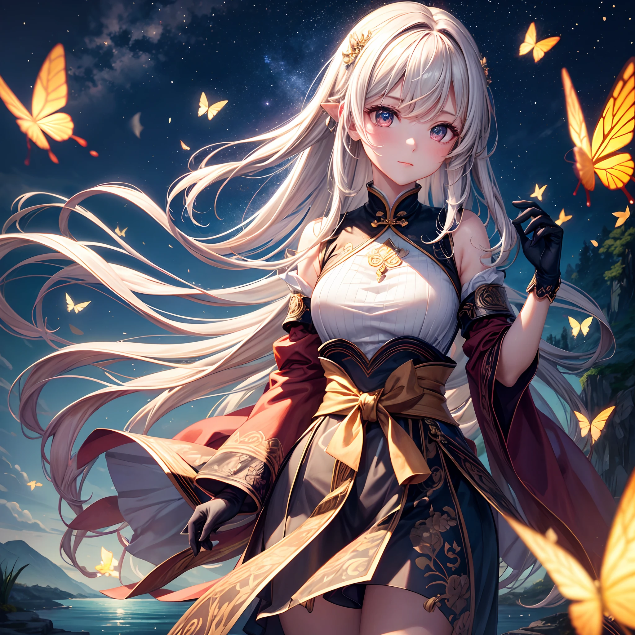 Original, (Masterpiece), (illustartion), (extremely fine and beautiful), (perfect details), (unity CG 8K обои:1.05), (beautiful and clear background:1.25), (Depth of field:0.7),1girl,Huanxiaoyi , (It stands aside from the river:1.15).(hairsh, fluttering in the wind:1.1),Butterflies, Flying around, (moon light:0.6), a tree, (letho), (night time:1.2), (a closeup of a:0.35), (gloves:0.8), 独奏 ,