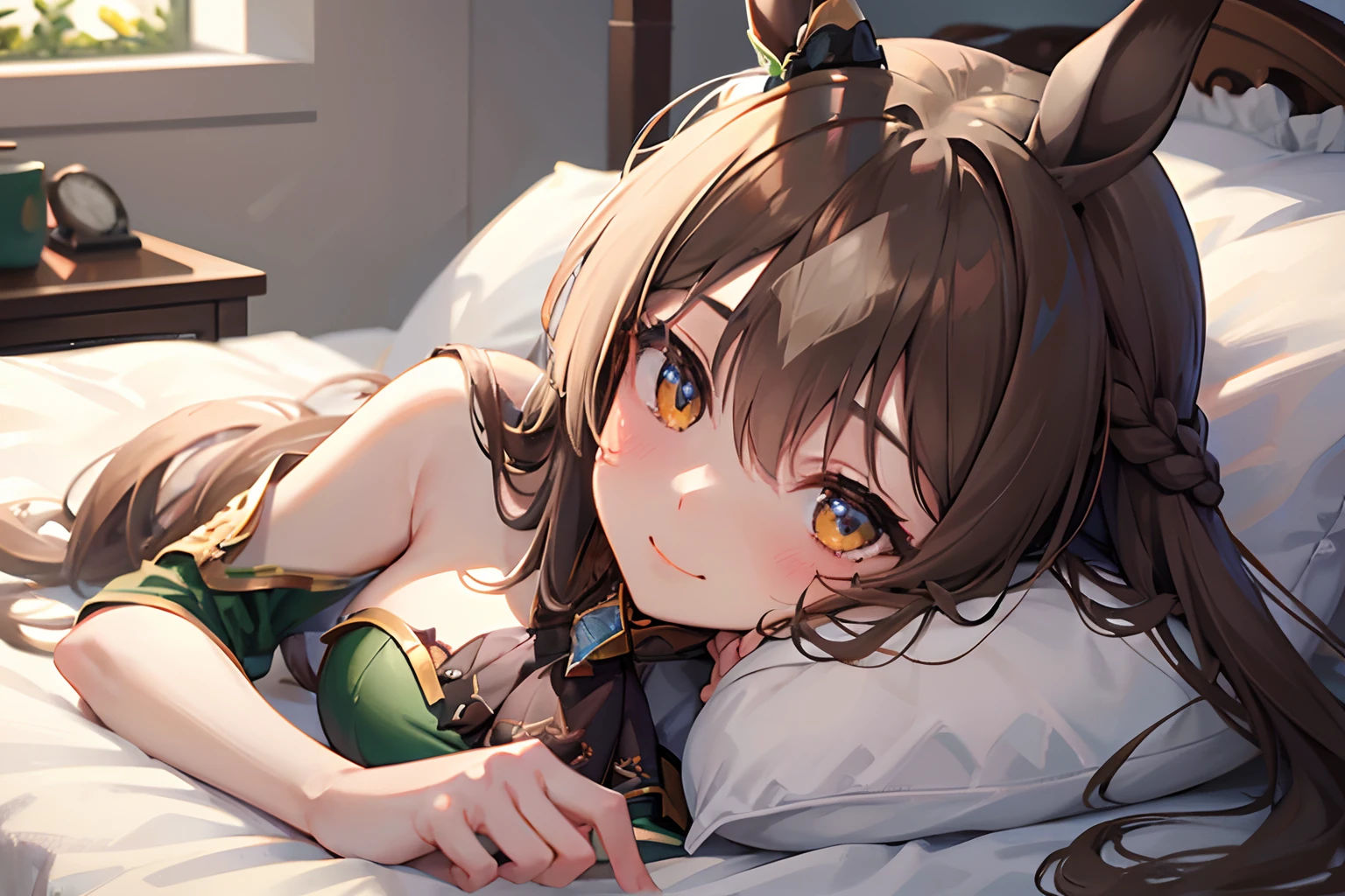 nsfw,Bare breasts,Lying down,Squashed chest,Viewer's Perspective,blushed face,Shy,a smile,Close-up of the face,a bed,aasato, long hair, half updo, braid, hair between eyes, animal ears, ear ornament, horse tail, breasts, frills, black ascot, green dress,black thighhighs,Top image quality,Masterpiece,Best Quality
