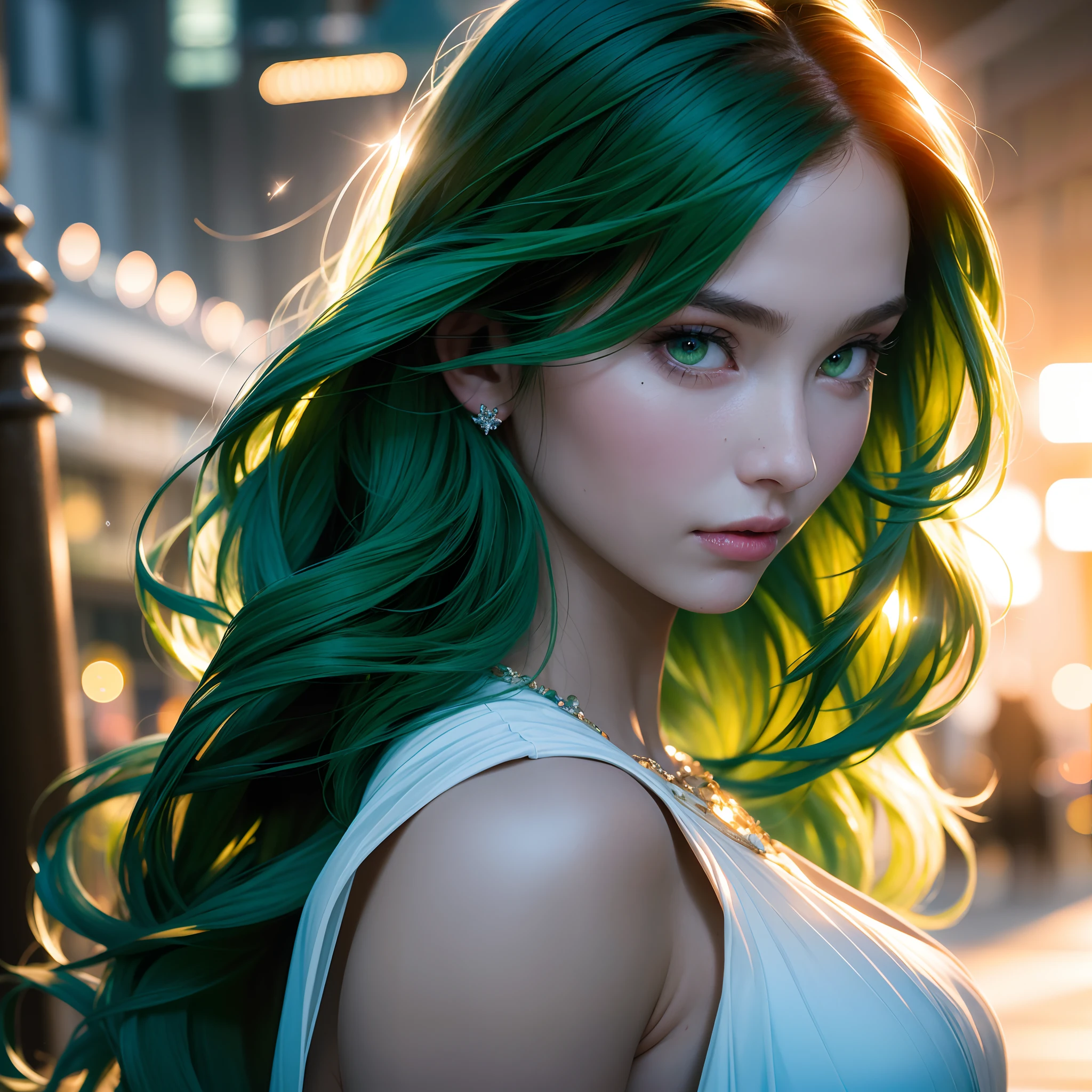 Photo of 47 years old European woman, RAW, beautiful woman, (green hair with extra long wavy), ((portrait)), (Detailed face: 1.2)), (Detailed facial features)), (green eyes) (Fine skin), pale skin, high detail and deep, wearing Emerald color witch dress, slim body, megacity environment, (cold color), wet, moist, reflection, (masterpiece) ( Perfect proportions) (realistic photos) (highest quality) (detail) shot with Canon EOS R5, 50mm lens, f/2.8, HDR, (8k) (wallpaper) (movie lighting) (dramatic lighting) (sharp focus) (complex) fashion