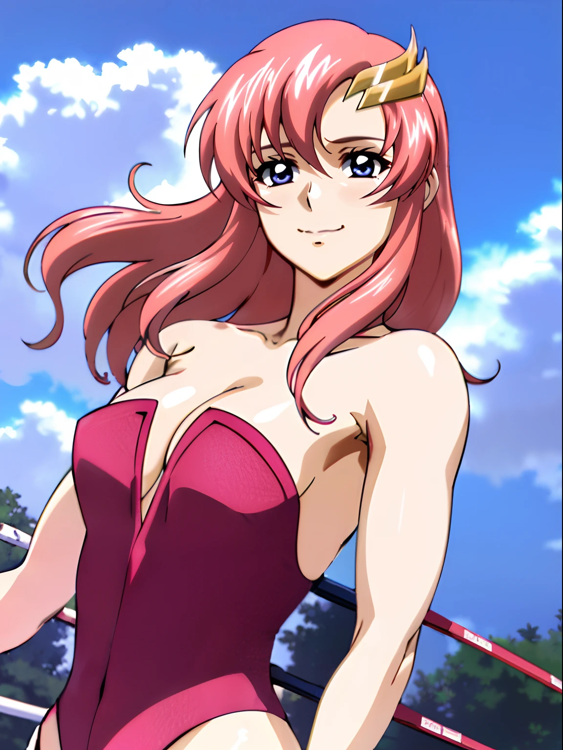 (((pink strapless wrestling outfit))), (masterpiece, , 4K, Best Quality, Anime style: 1.9,, Adult Woman, ultra detailed face, (cloud background, wrestling), Drawing lines, high resolution, Anime, lacus4), 1girl, Solo, curvy figure, Long hair, 鎖骨, scapular, (Detailed wide hair bangs, Hair Ornament, Detailed reddish-pink hair, golden crest), cleavage, large hands, (pro female wrestler). (Big blue eyes, shiny eyes), ((female wrestler, little biceps, slender body, broad shoulders, closed fists, closed mouth)), ((perfect proportions, medium breasts, cleavage, long belly)), (((pink wrestling outfit))),( looking at the viewer, happy),