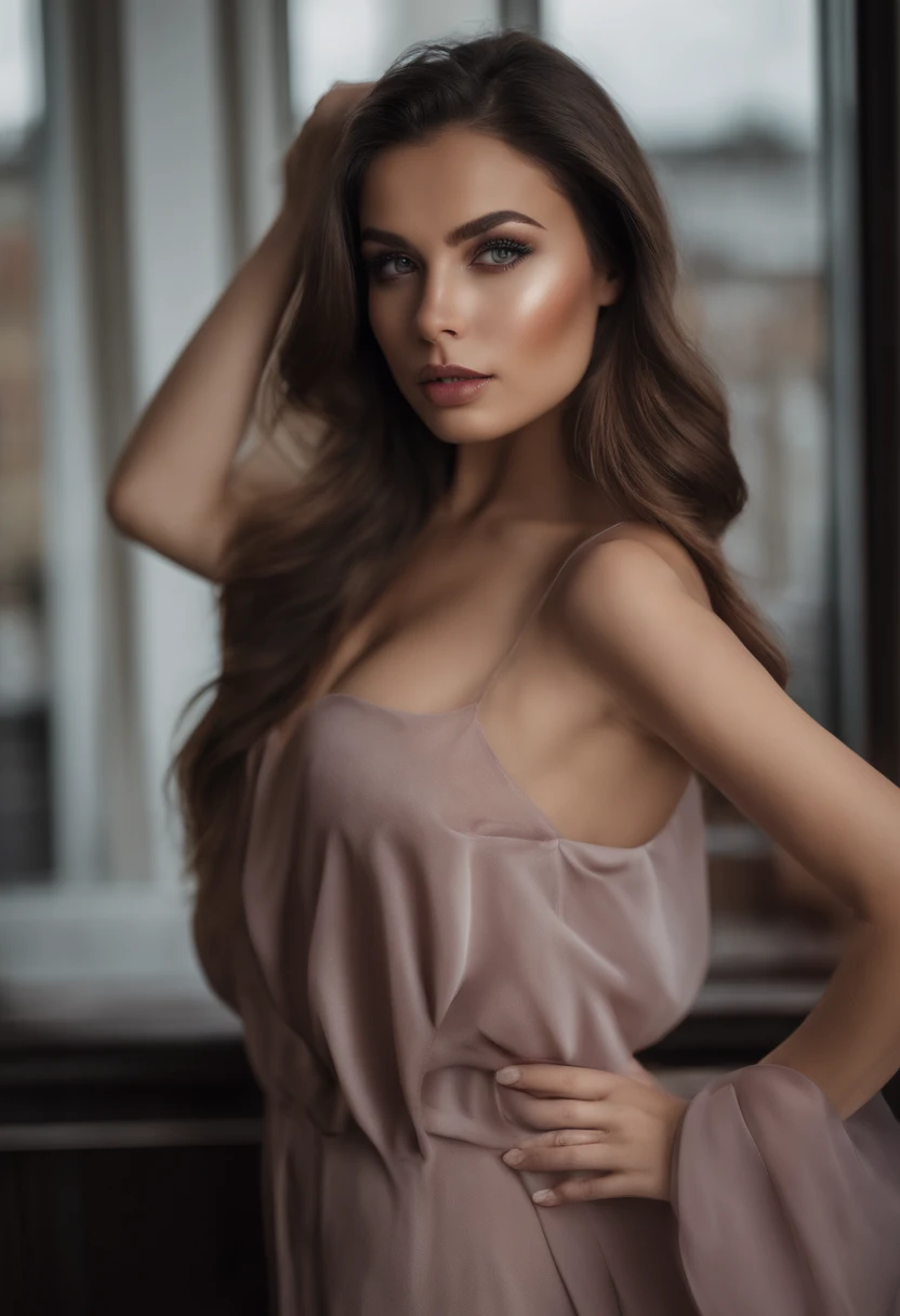 arafed frau mit schwarzen sexy atraktiven kleidung, Sexy girl with brown eyes, portrait sophie mudd, black hair and large eyes, Selfie einer jungen Frau, Augen im Schlafzimmer, Violet Myers, ohne Make-up, Natural makeup, Blick direkt in die Kamera, Gesicht mit Artgram, dezentes Make-up, Stunning full body shot, in einem Dach , Spaltung