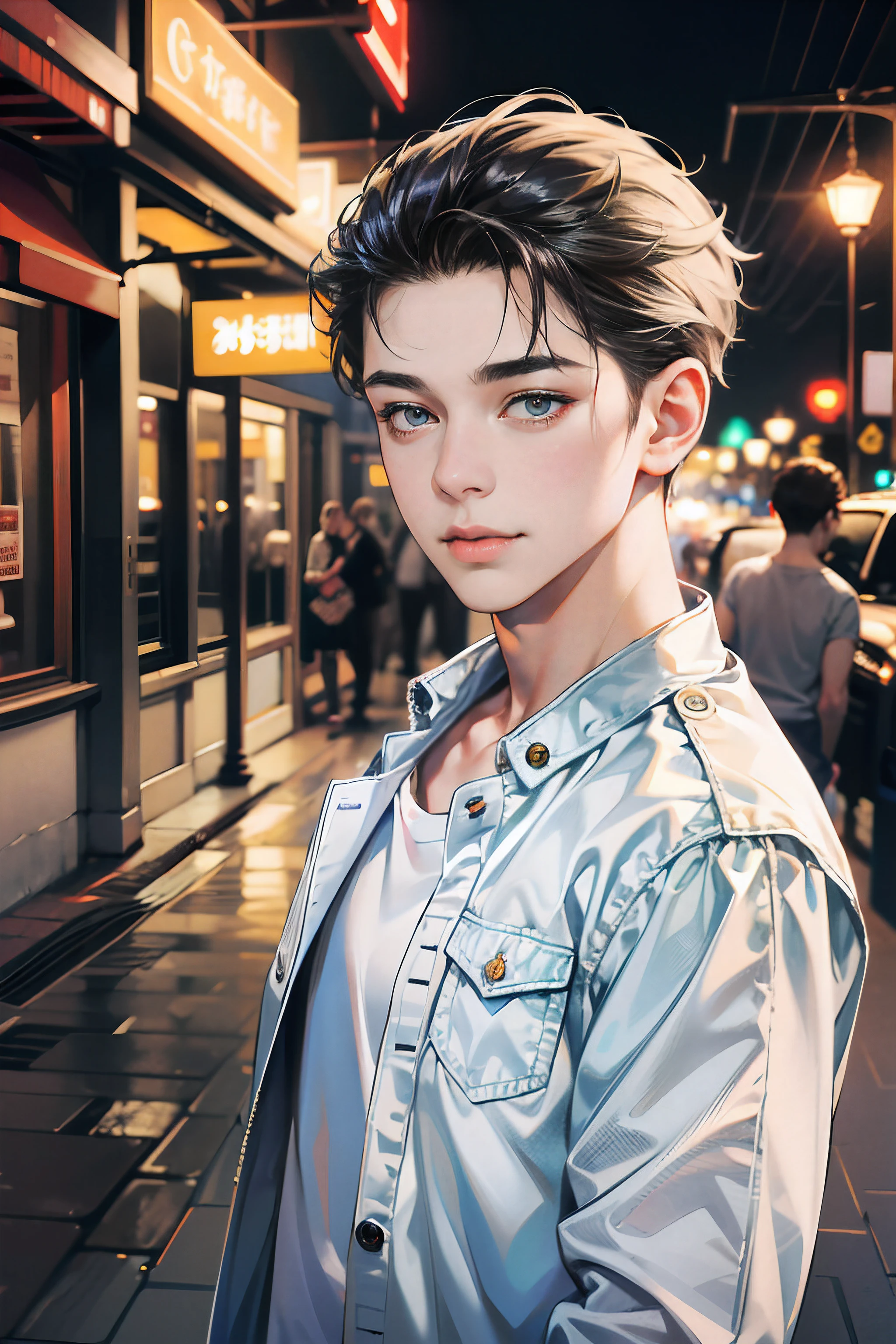 (absurdres, highres, A highly detailed, hdr), 巨作, Best Quality, 1boy,12yo, handsome, short hair hair, Delicate eye and detailed face, (White t-shirt), (Jean jacket), Dimple, forehead, Night Street, night city, midnight, Selfie Snapshot, slight smile, Upper body