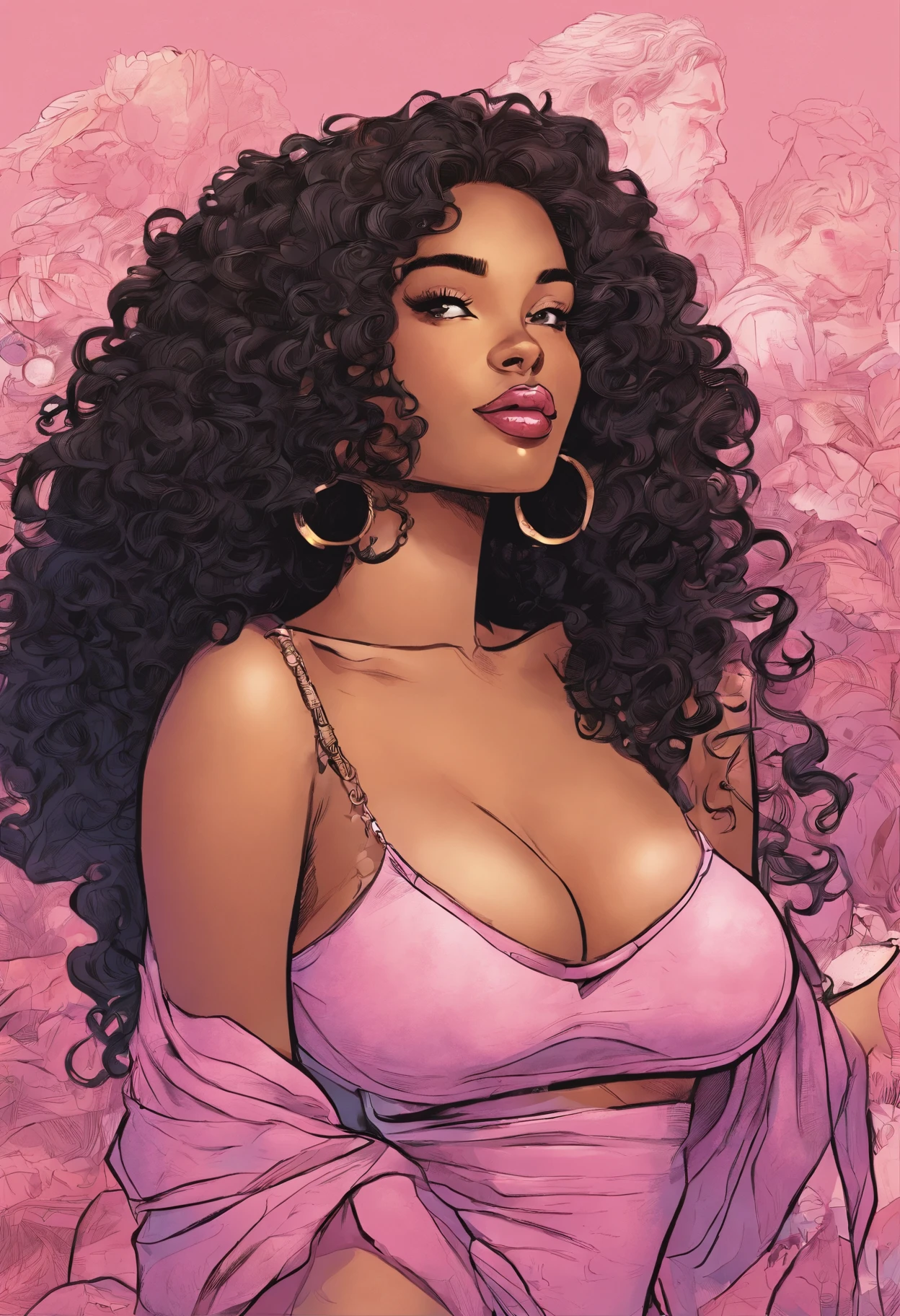 there is a woman with long background is all just light pink cuba, sza, gorgeous woman that looks likedoja cat, long curly hair, ☁🌪🌙👩🏾, she is wearing a black tank top underneath an off shoulder beige sweater , black hair, black long curly hair, young black woman, milf, voluptuous body, thick thighs, big breasts