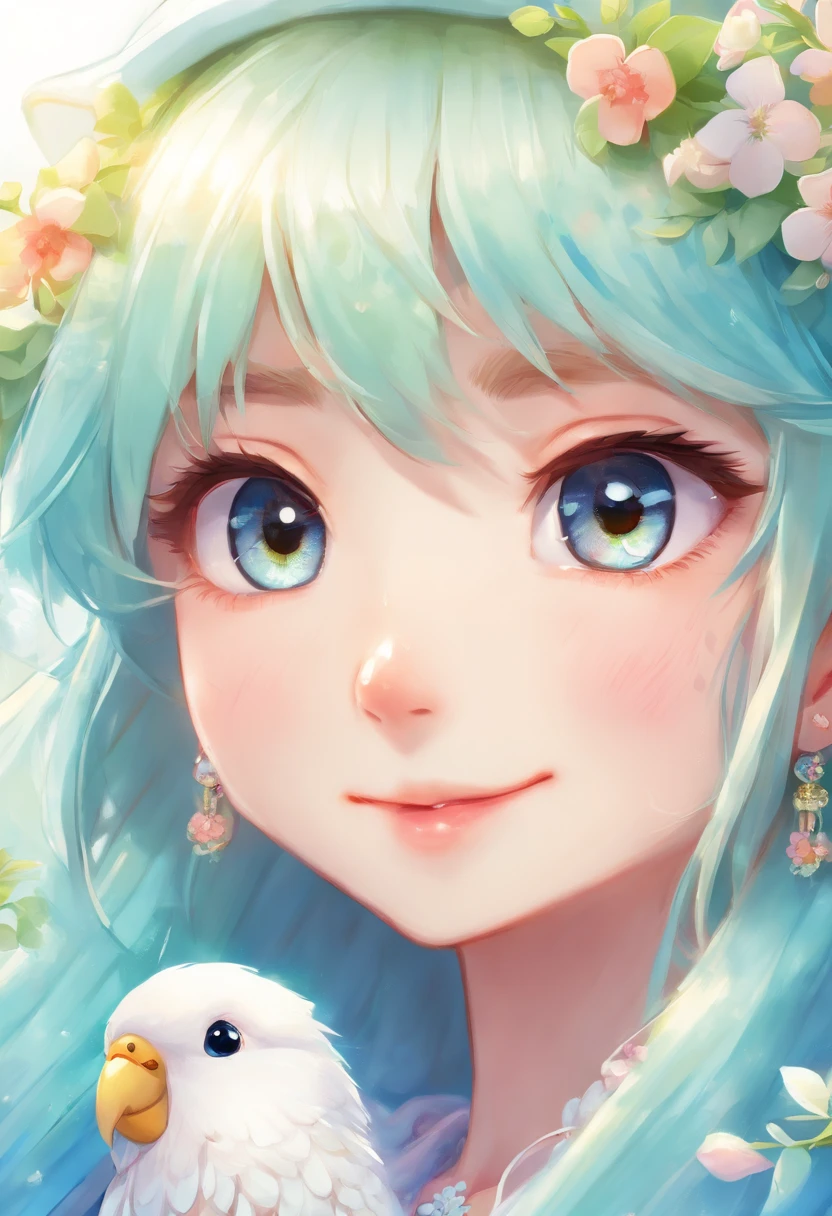 Best Quality,4K,8K,hight resolution, Ultra-detailed, in a house、Sleeping in bed、Where the morning sun shines in and wakes up、Gentle soft smile staring at budgies,Button pajamas that are only a little fluttering, Budgerigars are singing and waking up、With a beautiful song、Beautiful,Beautiful detailed eyes,Blue budgie,Soft blue eyes,Portraits,Subtle tones,Soft lighting