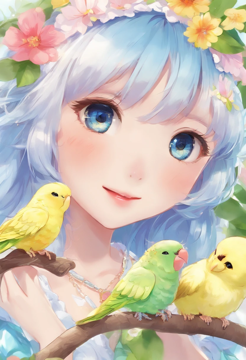Best Quality,4K,8K,hight resolution, Ultra-detailed, in a house、Sleeping in bed、Where the morning sun shines in and wakes up、Gentle soft smile staring at budgies,Button pajamas that are only a little fluttering, Budgerigars are singing and waking up、With a beautiful song、Beautiful,Beautiful detailed eyes,Blue budgie,Soft blue eyes,Portraits,Subtle tones,Soft lighting