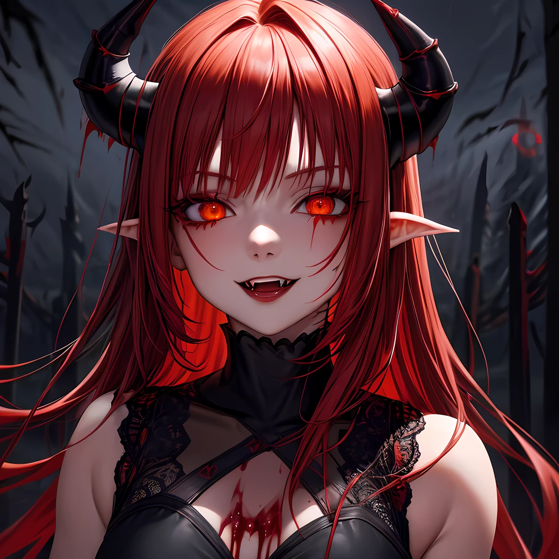 masterpiece, best quality, 1 girl, red hair, orange eyes, glowing eyes, horns, vampire girl, eyeliner, fangs, evil smile, close up, dark atmosphere, spooky, (dark, night:1.6), outdoors, (blood on face:1.3)