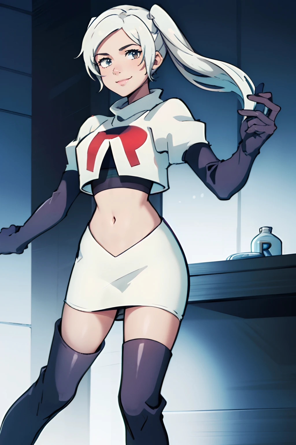 robin fe, rocket,team rocket uniform, red letter R, white skirt,white crop top,black thigh-highs,black elbow gloves, white hair, confident smile