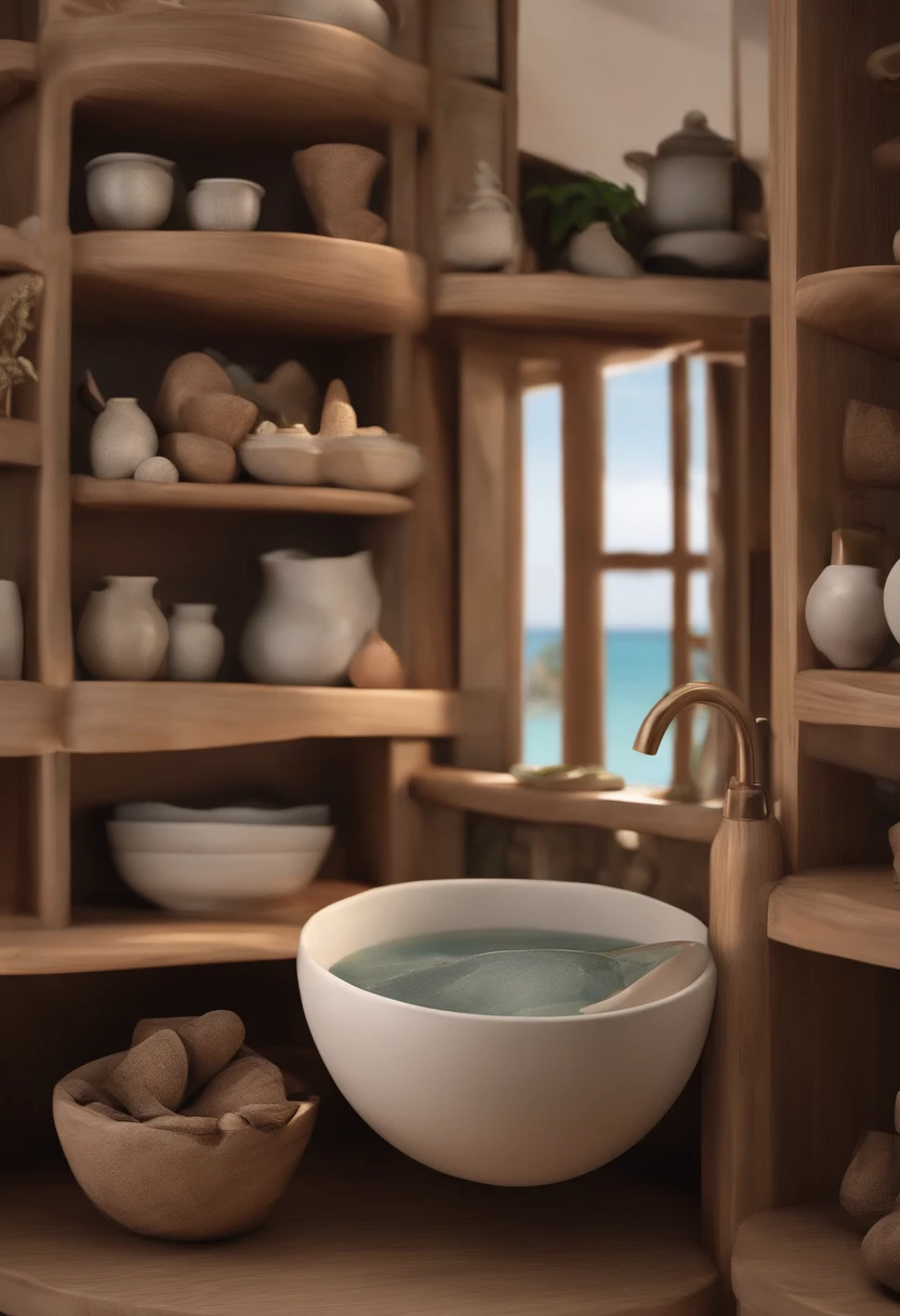 Put all the cabinets around with artifacts, Panelas de barro, Ceramic bowls, Driftwood, um mergulhador no mar profundo segurando os artefatos rio acima, Pinturas digitais fofas, Personagens de desenhos animados, cute 3D renderings, personagens de argila, clay animations, arte digital detalhada bonito, Personagens 3D