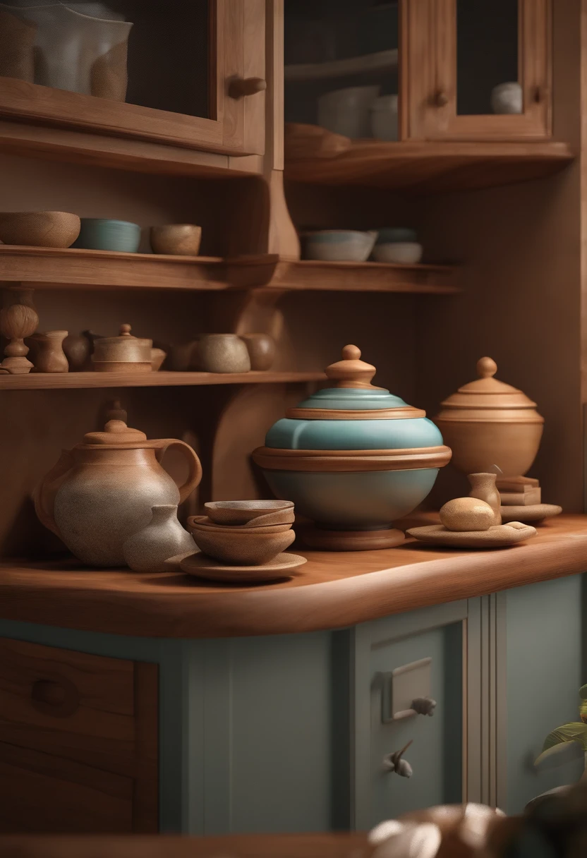 Put all the cabinets around with artifacts, Panelas de barro, Ceramic bowls, Driftwood, um mergulhador no mar profundo segurando os artefatos rio acima, Pinturas digitais fofas, Personagens de desenhos animados, cute 3D renderings, personagens de argila, clay animations, arte digital detalhada bonito, Personagens 3D