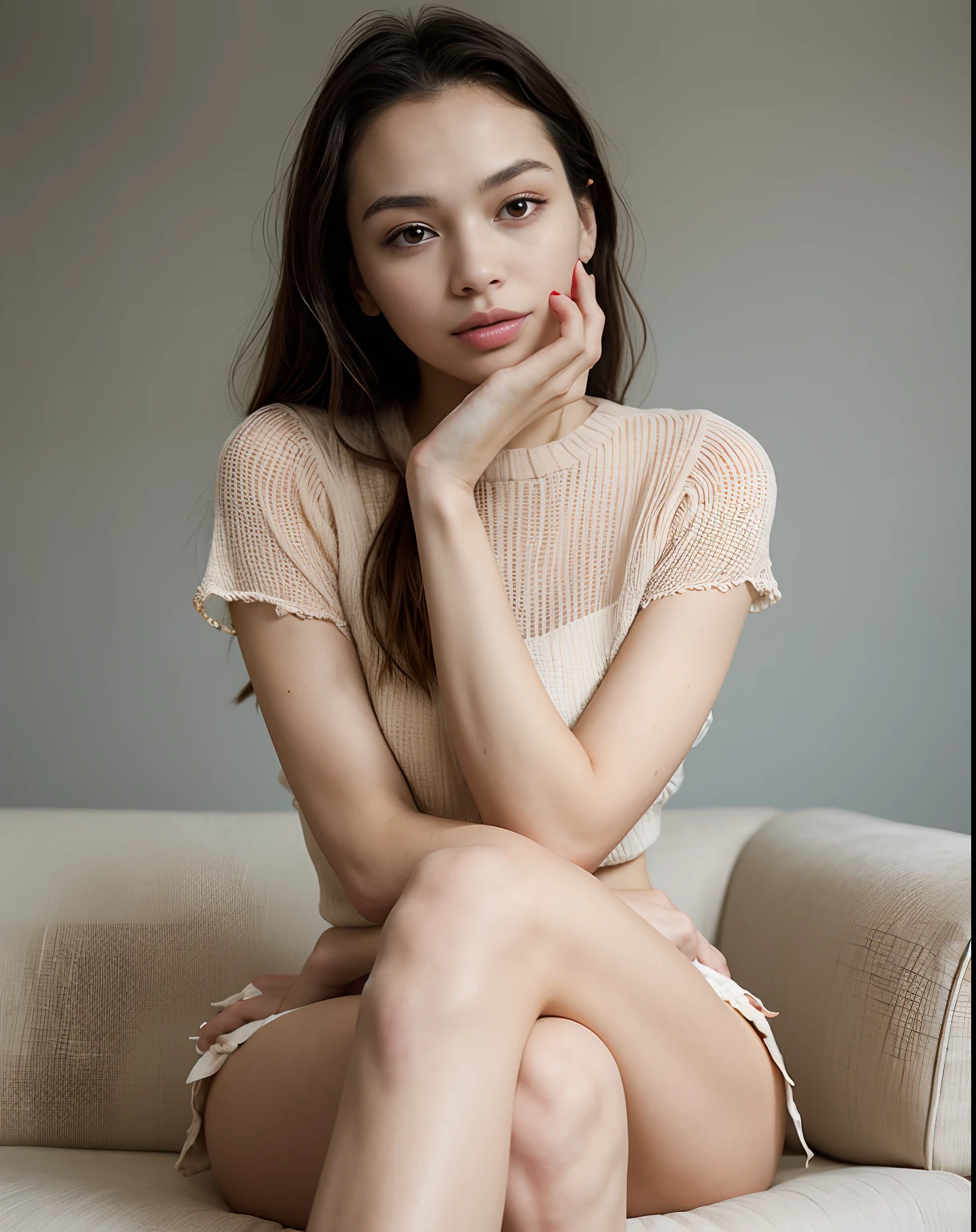 Arafed Woman sitting on a sofa with her hand on her chin, Retrato Sophie Mudd, Kiko Mizuhara, Anna Nikolanova aka Newmilky, en ropa blanca, photoshoot solo, hermosa poarch, Julia Gorokhova, Alina Ivanchenko, glossy magazine photoshoot, Charli Bowater, con leotardo blanco, magazine photoshoot, Anna Nikonova