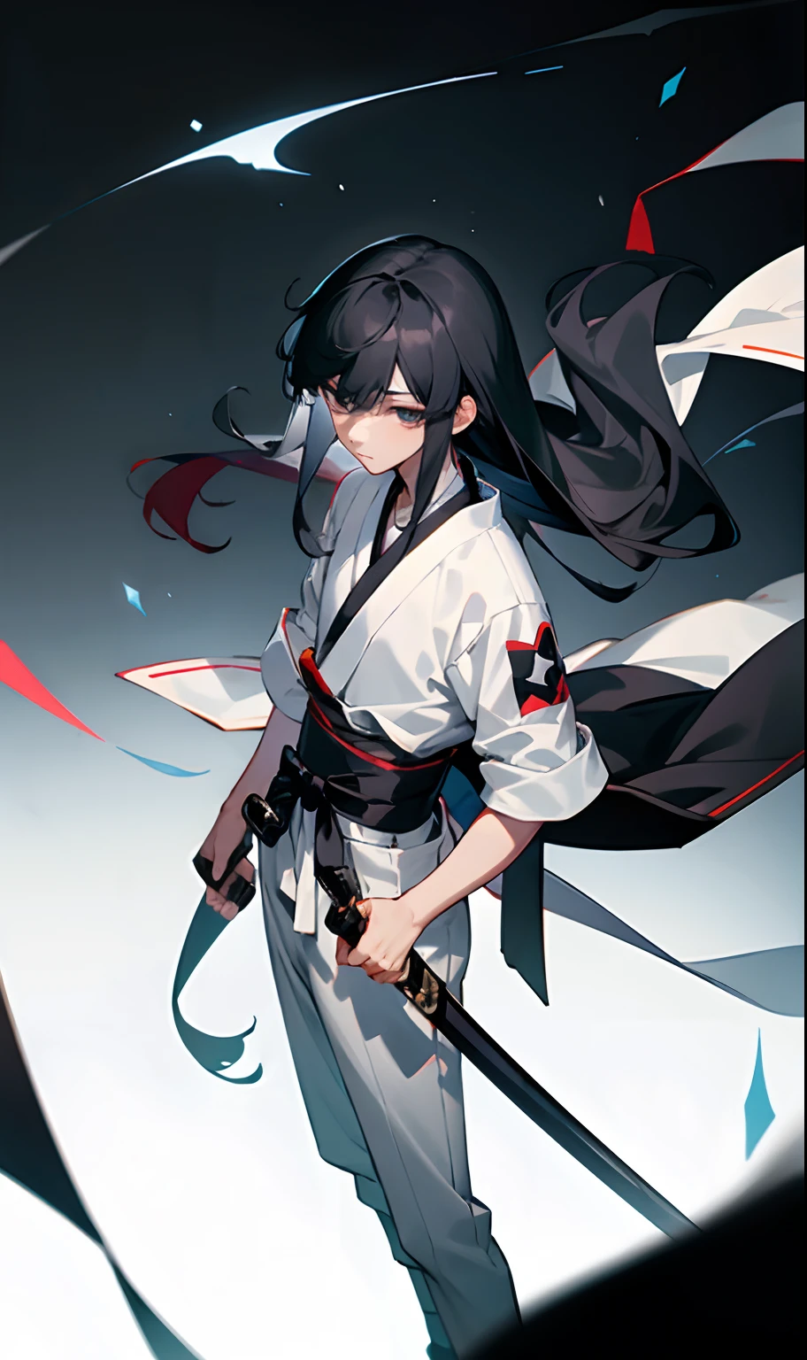 Boy with medium body and long straight black hair down to the leg wearing a black haori with some white armbands and some parts of white clothing with a katana at the blue waist and tied hair