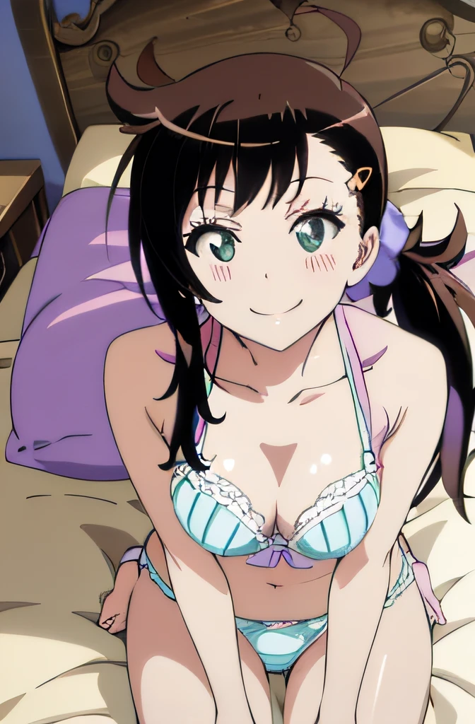 ((masutepiece)), ((Best Quality)), (Ultra-detailed), Anime style, look down from above, on the bed, Cute little girl s, 1girl in, Solo, underwear00, ((Beautiful eyes)), large full breasts, Smile