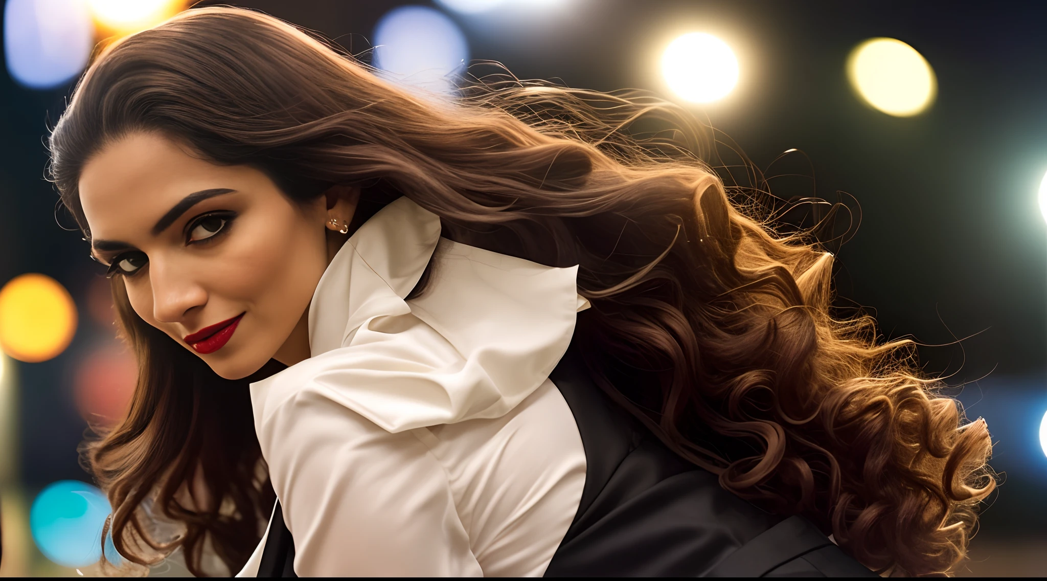 escuro e sombrio, 8k, Closeup photo of a 30-year-old brunette Brazilian businesswoman dark background at night, (cabelo realista castanho escuro liso e com leves ondas) , maquiagem, red-lips, olhos castanhos, (vestindo blazer de alfaiataria preto da chanel, black silk blouse and black straight tailoring pants), Looking with confidence, hiper realista, {uma garota com pele oliva extremamente bonita}, (pele altamente detalhada: 1.2) {{{obra-prima}}}, textura realista, dynamic compositing, Fujifilm XT2, 85mm F1.2, velocidade do obturador 1/80, (bokeh), alto contraste,olhar penetrante