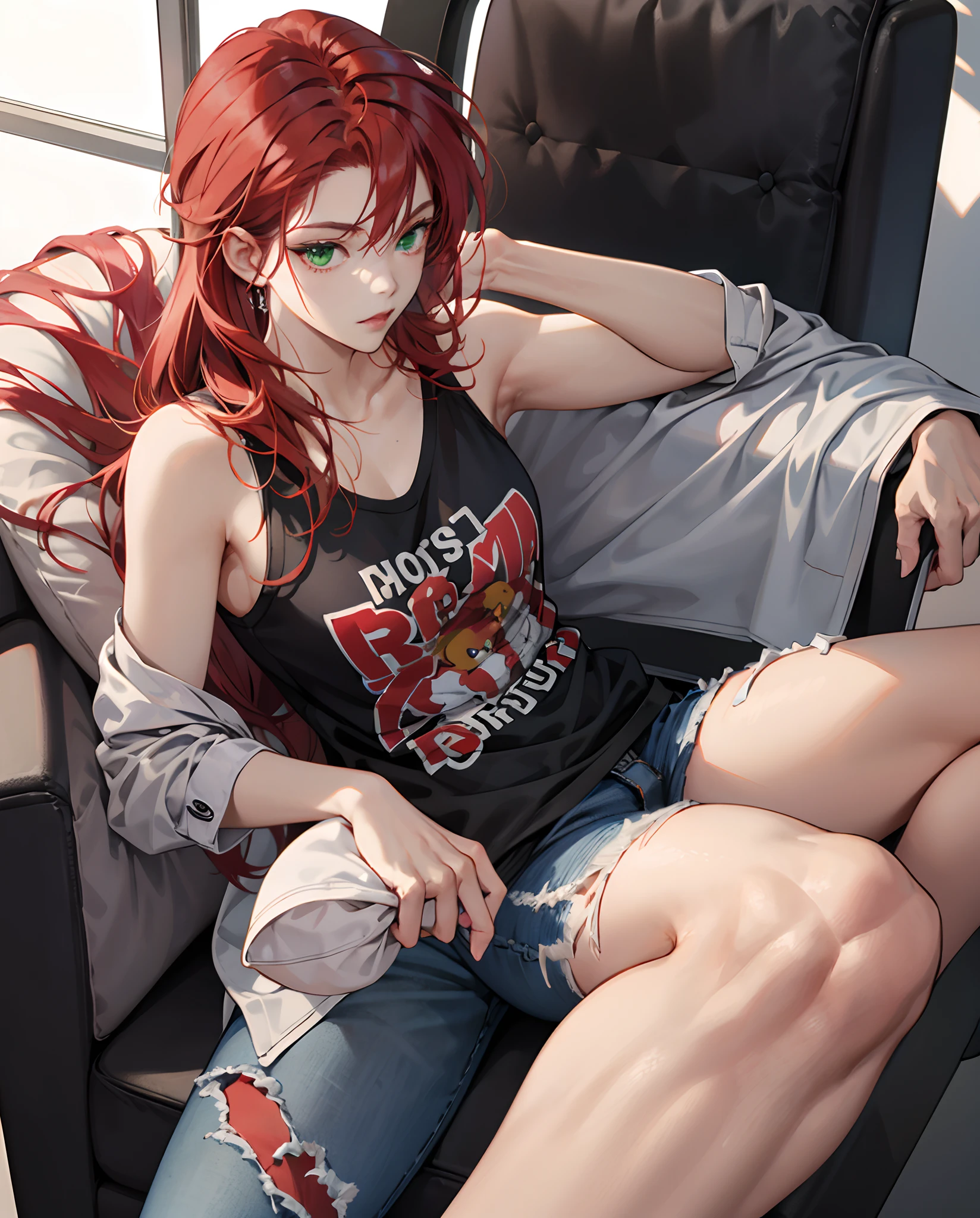 Fat Red haired anime woman with green eyes wearing ripped jeans