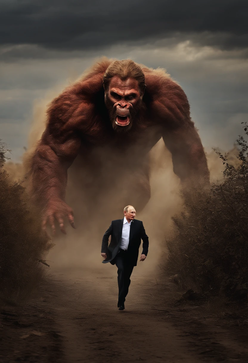 Vladimir Putin runs away from the monster in panic