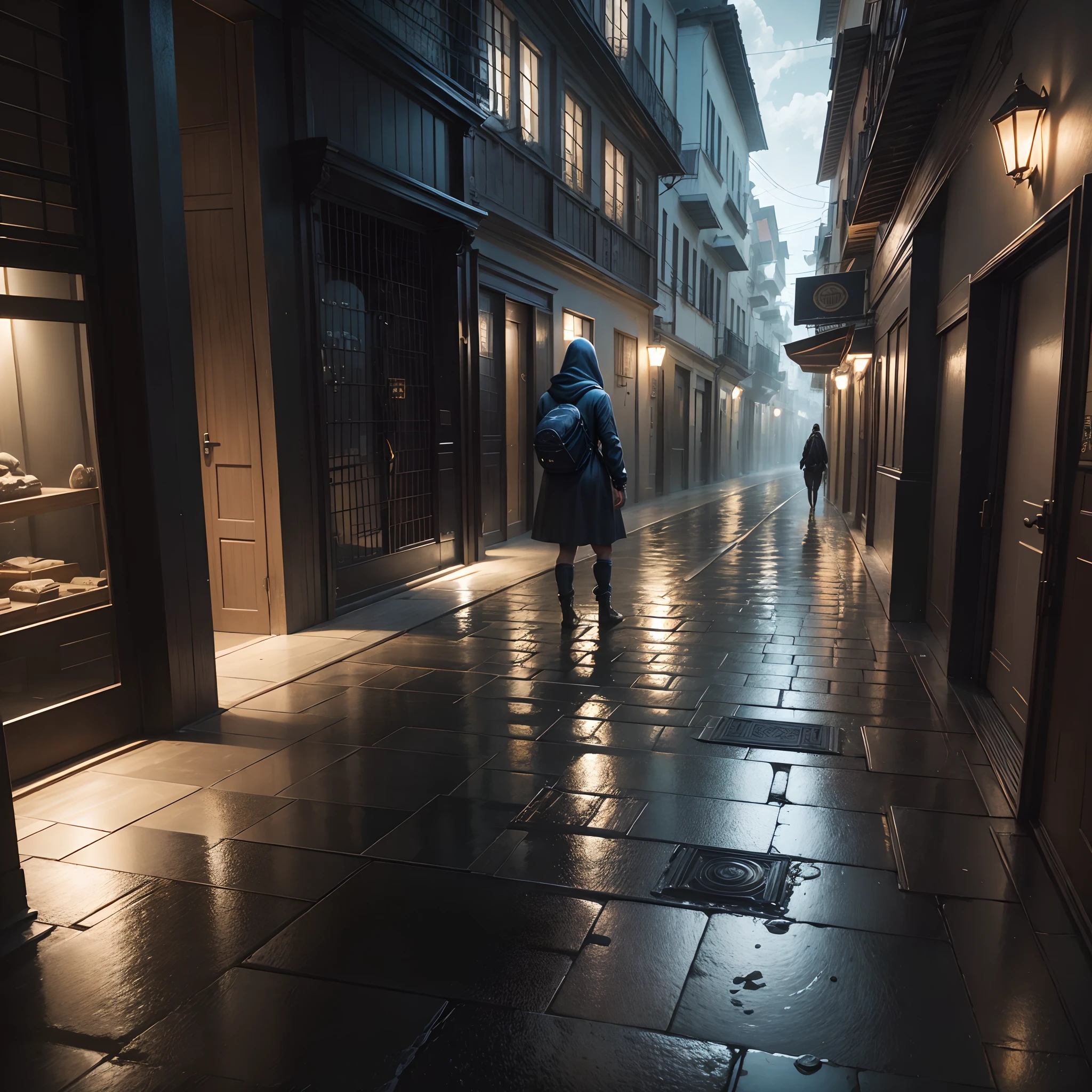 thief,encapuzado,adagas,sombrio,roupas pretas,rua mal iluminada,chuva forte,misterio,forte,4k,raw,Ultra detalhes,Ultra realism,(realismo surreal),(detalhes belos)