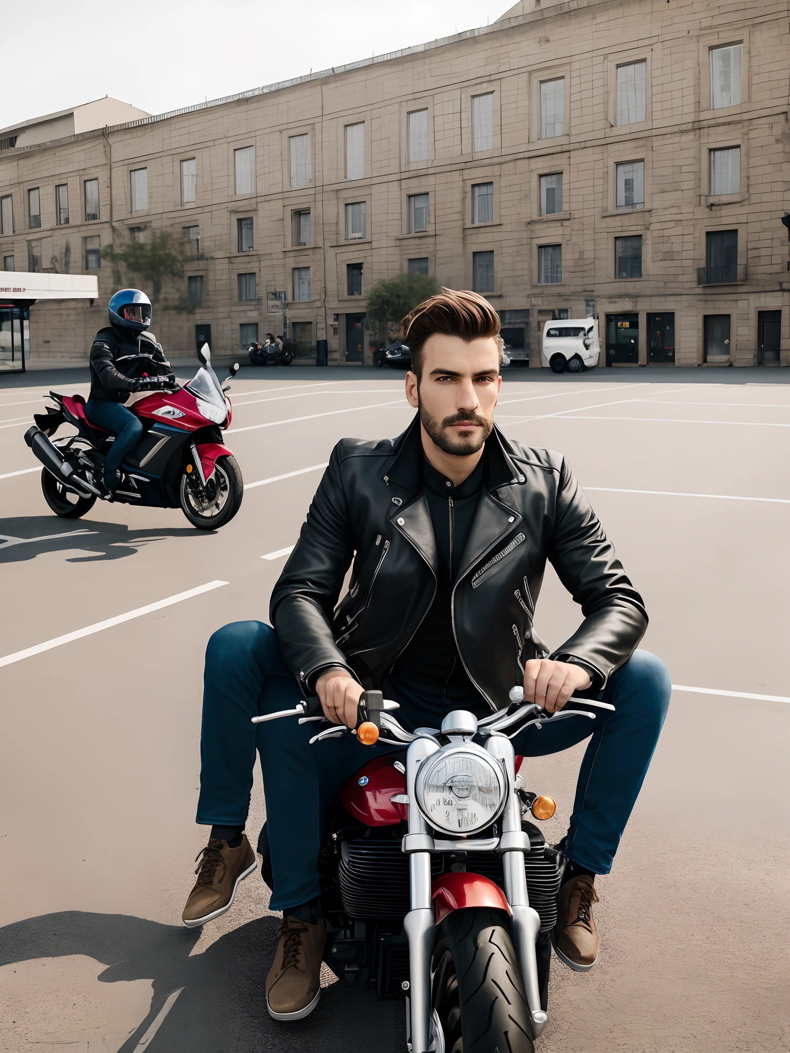 arafed man sitting on a motorcycle in a parking lot, cristi balanescu, by Petr Brandl, edin durmisevic, by Pál Balkay, by Romain brook, bmw, by Zoran Mušič, by Matija Jama, ástor alexander, baris yesilbas, by David Martin