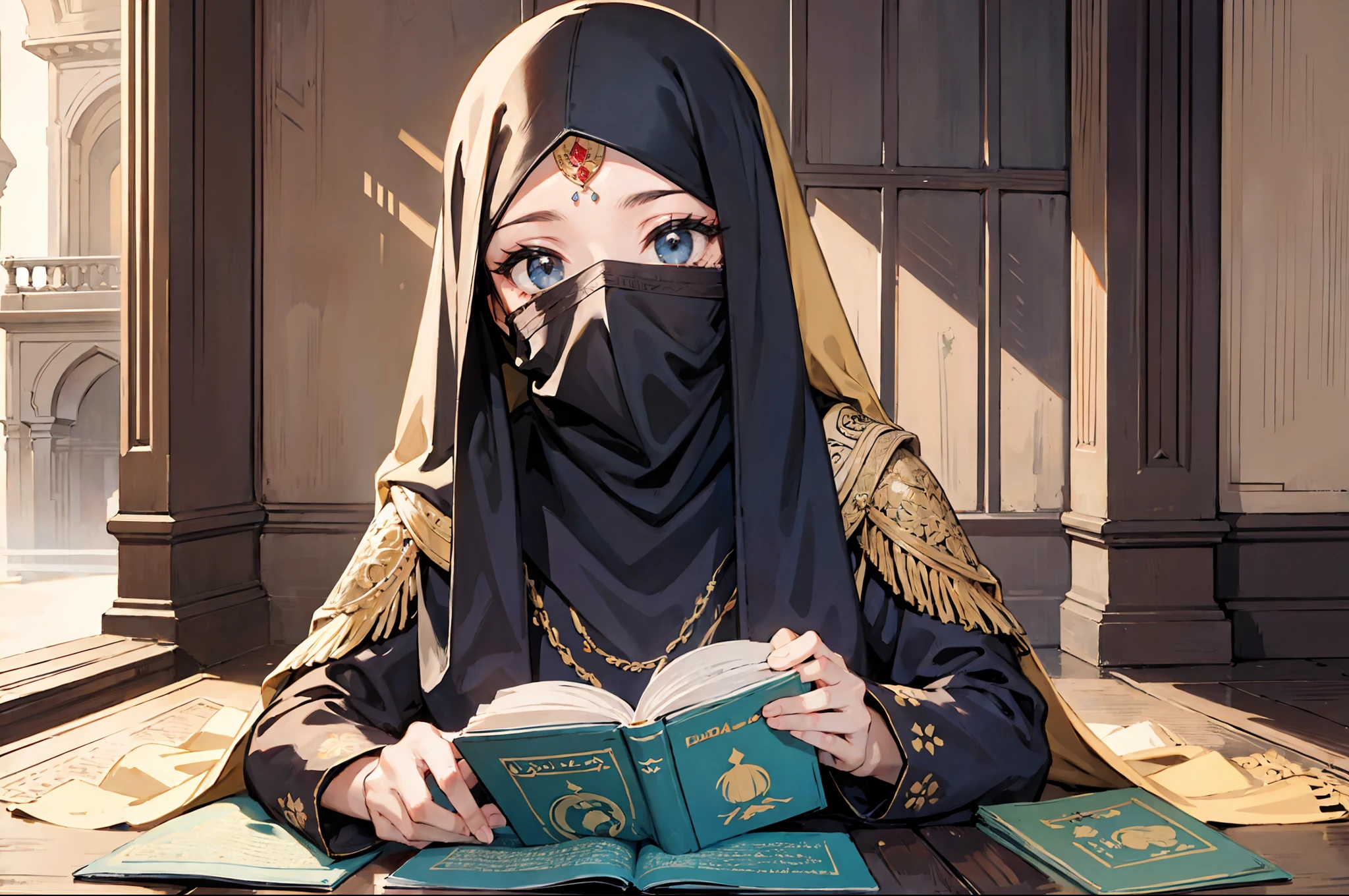 a beautiful girl hold the burqa and recite the holy qura --auto --s2