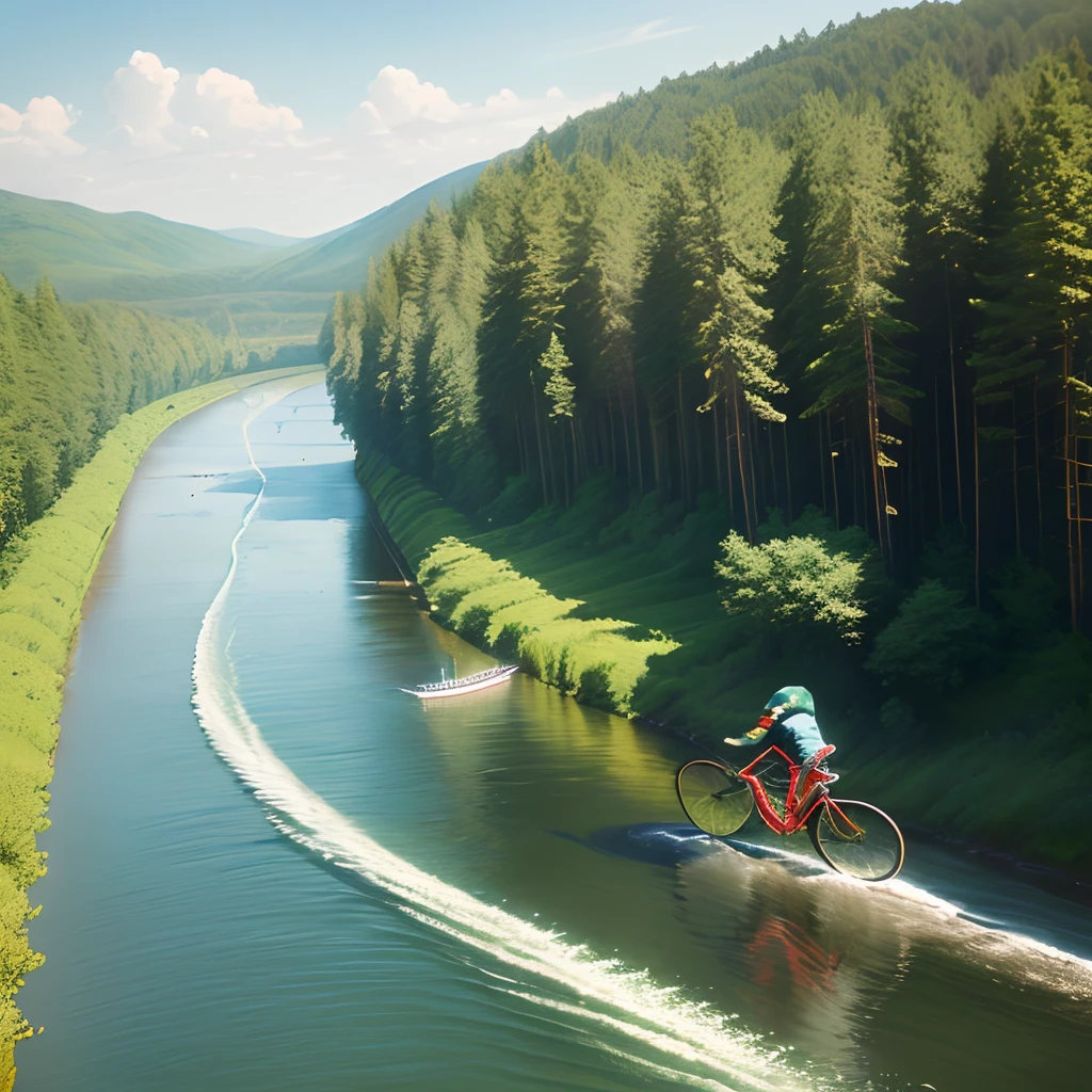Flying across the river on a bicycle with wings