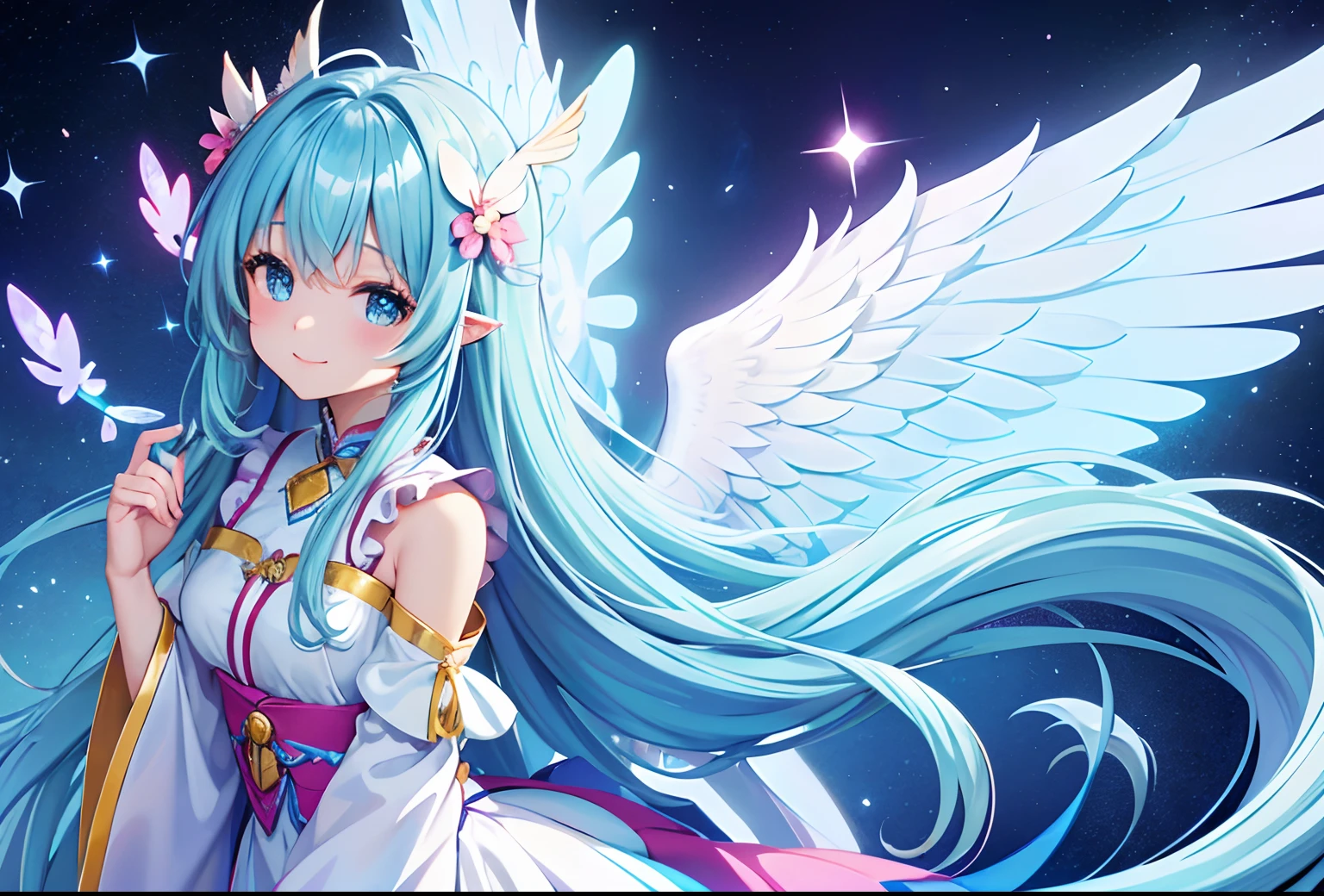 Big wings of colorful angels、Kawaii Girl、adorable smiling、Light blue long hair、Twin-tailed、Colorful angel costume((top-quality))、((​masterpiece))、(ighly detailed、highestdetailed、Official art、Beautifully Aesthetic:1.2)