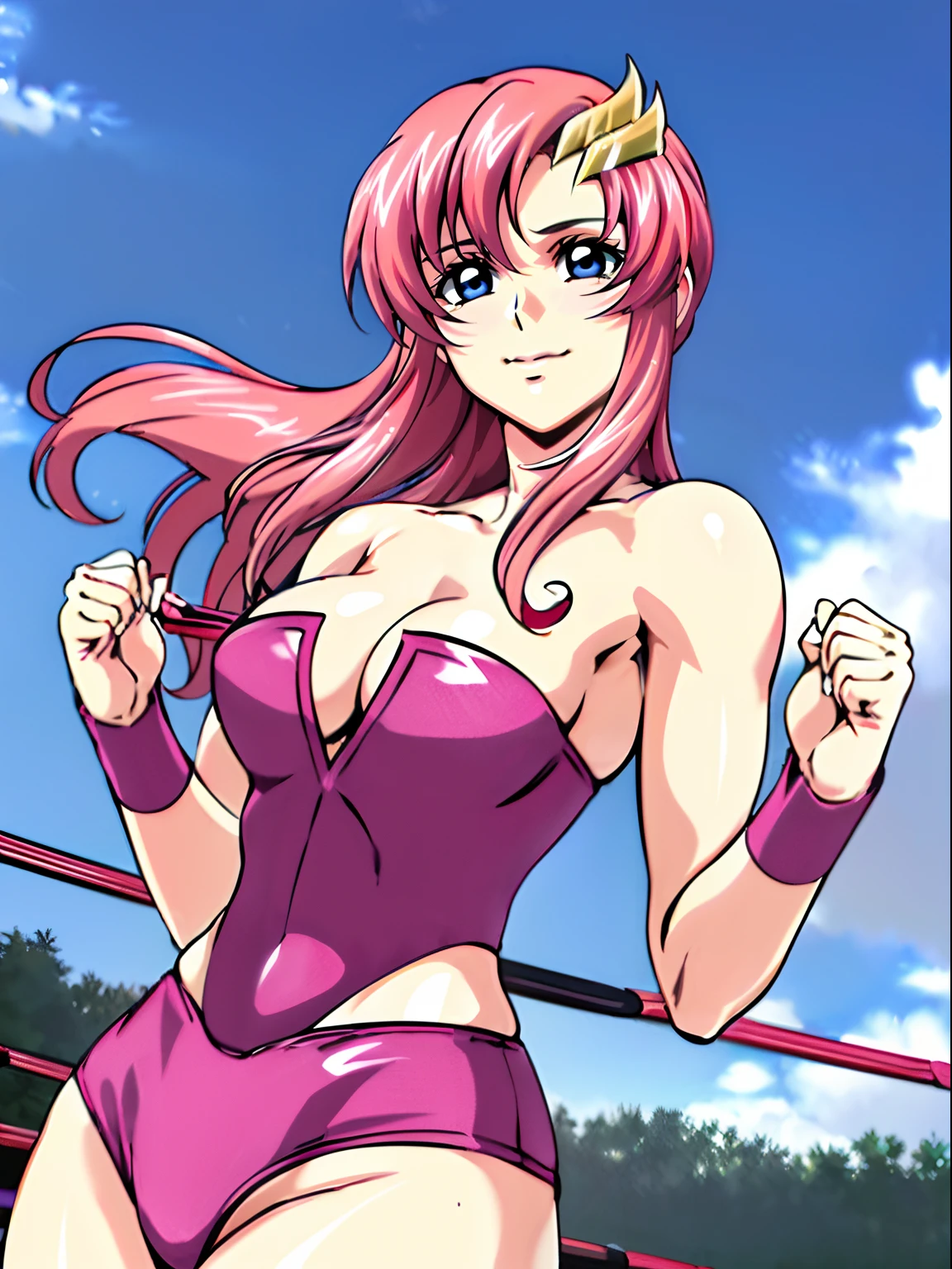 (((pink strapless wrestling outfit))), (masterpiece, , 4K, Best Quality, Anime style: 1.9,, Adult Woman, ultra detailed face, (cloud background, wrestling), Drawing lines, high resolution, Anime, lacus4), 1girl, Solo, curvy figure, Long hair, 鎖骨, scapular, (Detailed wide hair bangs, Hair Ornament, Detailed reddish-pink hair, golden crest), cleavage, large hands, (pro female wrestler). (Big blue eyes, shiny eyes), ((female wrestler, little biceps, slender body, broad shoulders, closed fists, closed mouth)), ((perfect proportions, medium breasts, cleavage, long belly)), (((pink wrestling outfit))),( looking at the viewer, happy),