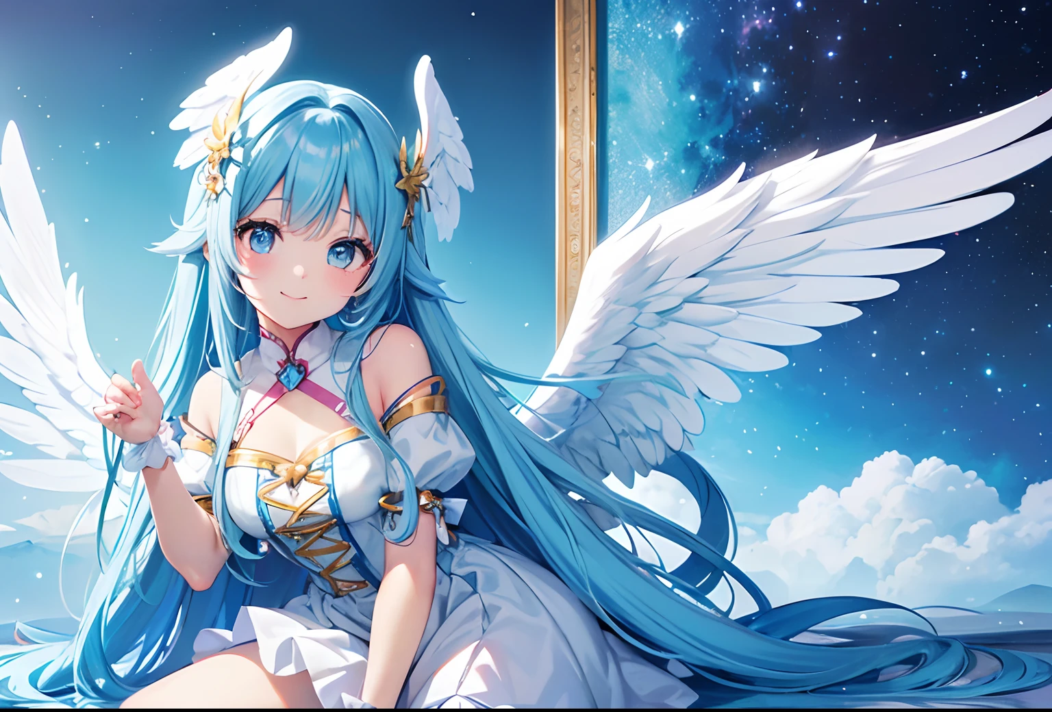 Big wings of colorful angels、Kawaii Girl、adorable smiling、Light blue long hair、Twin-tailed、Colorful angel costume((top-quality))、((​masterpiece))、(ighly detailed、highestdetailed、Official art、Beautifully Aesthetic:1.2)