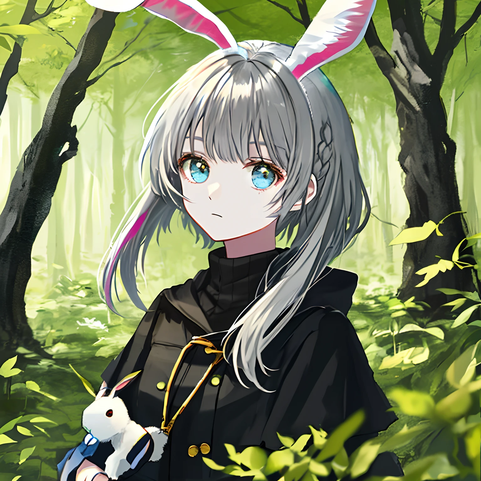 Rabbit ears　girl with　Gray hair　in woods