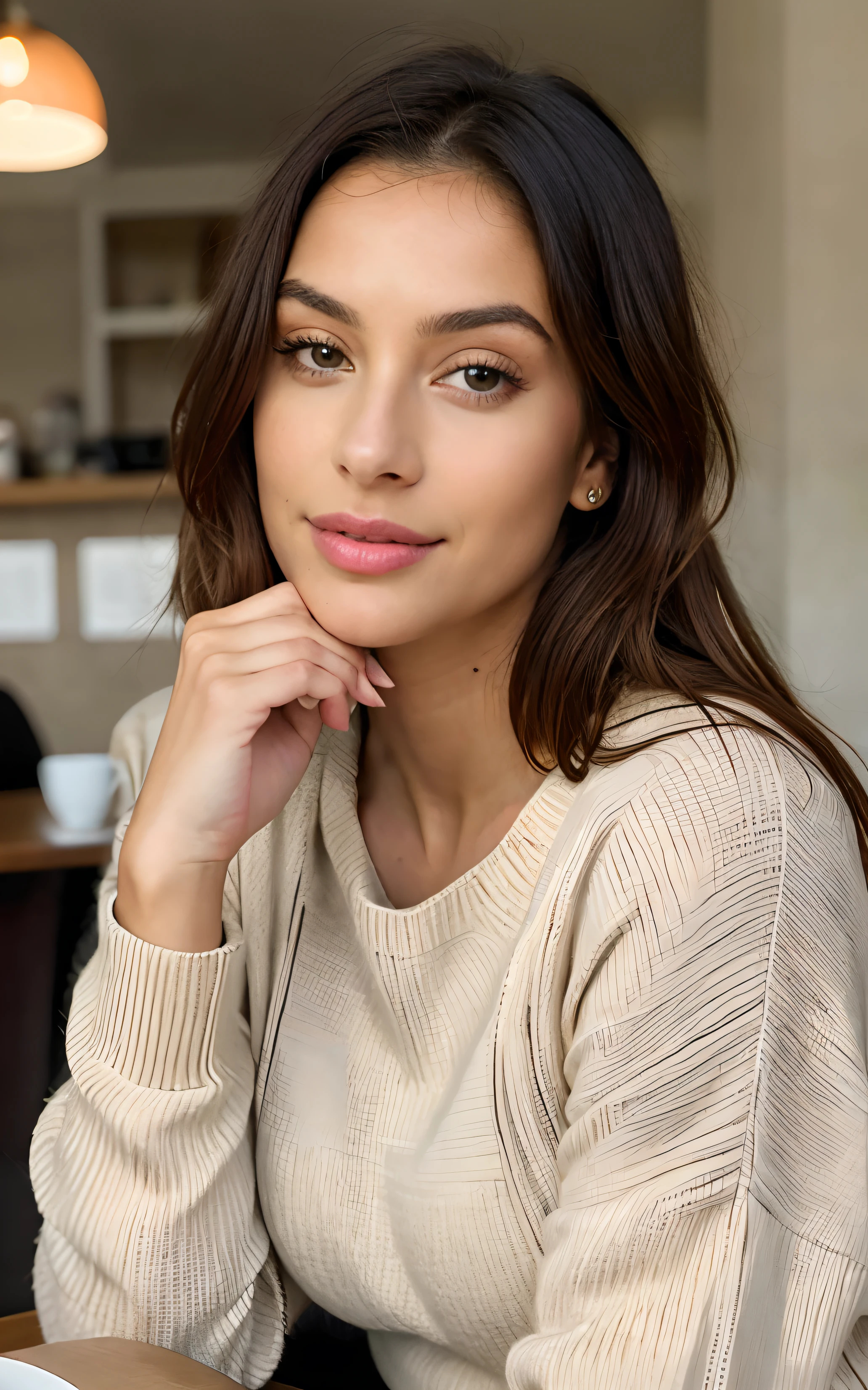 Beautiful brunette with blonde highlights wearing a beige sweater (in a café drinking soda), Very detailed, 22 anos, Rosto inocente, cabelos ondulados naturais, olhos azuis, high resolution, master part, best quality, Alto detalhe intrincado, altamente detalhado, Crisp Focus, pele detalhada, textura de pele realista, textura, olhos detalhados, profissional, 4k, sorriso encantador, filmado na Canon, 85 millimeters, profundidade de campo rasa, Cor Kodak Vision, corpo de ajuste perfeito, extremamente detalhado, fotografia_\(Ultra\), photoreallistic, Realista, Post-processing, maximum details, rugosidade, vida real, Ultra realista, fotorrealismo, fotografia, 8k UHD, fotografia