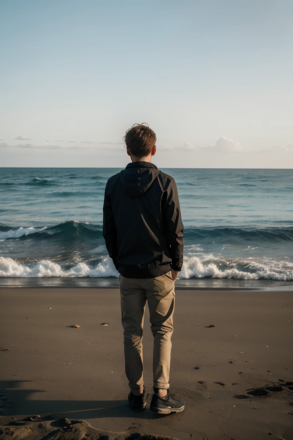 a bou standing in front of sea,the sea back of the boy