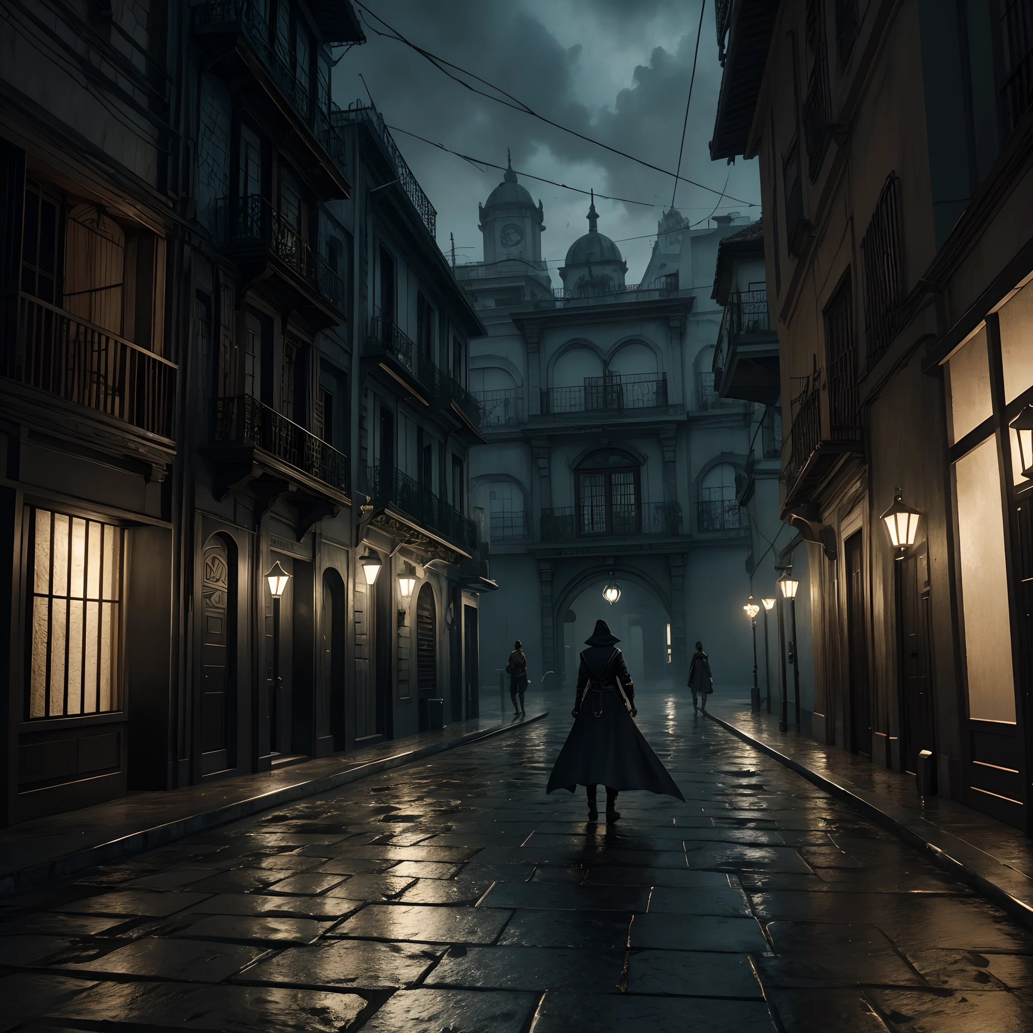 thief,rpg style,encapuzado,adagas,sombrio,roupas pretas,rua mal iluminada,chuva forte,misterio,forte,4k,raw,Ultra detalhes,Ultra realism,(realismo surreal),(detalhes belos),Ray Tracing, Style Bleach X black Clover
