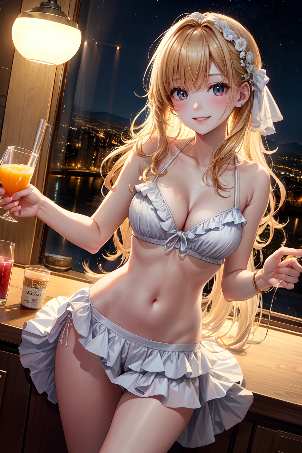 lighting like a movie、top-quality、Slender Line、Standing party in a ruffled bikini、Party Venue、holding a glass of juice in one hand、A smile、You can see the night view from the window、Lots of dishes on the table、Turned、